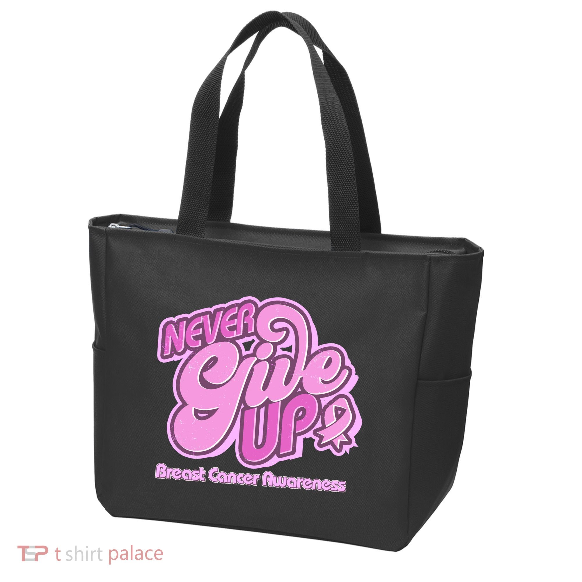 Retro Never Give Up Breast Cancer Awareness Tote Bag