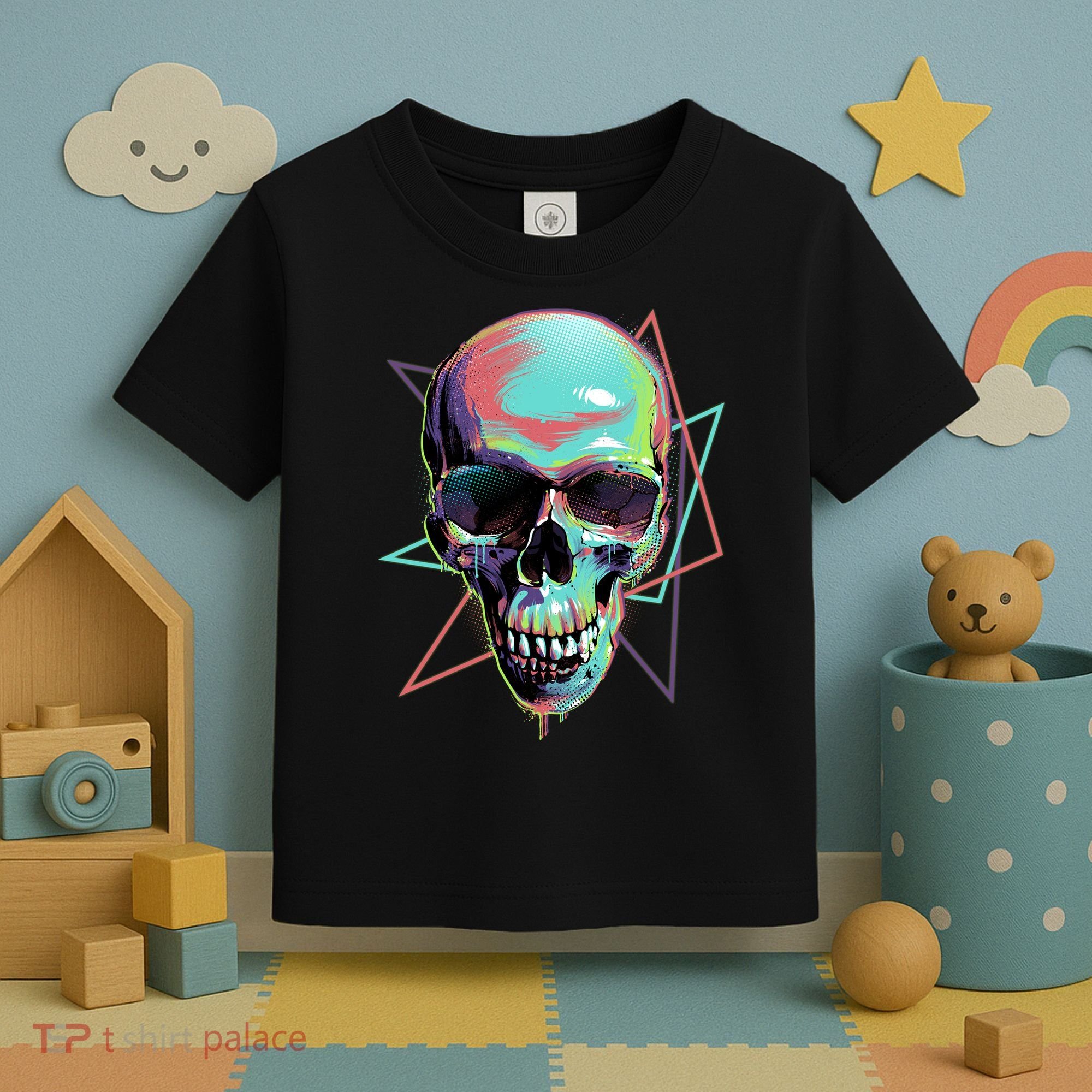 Retro Neon Graffiti Paint Skull Toddler T-Shirt