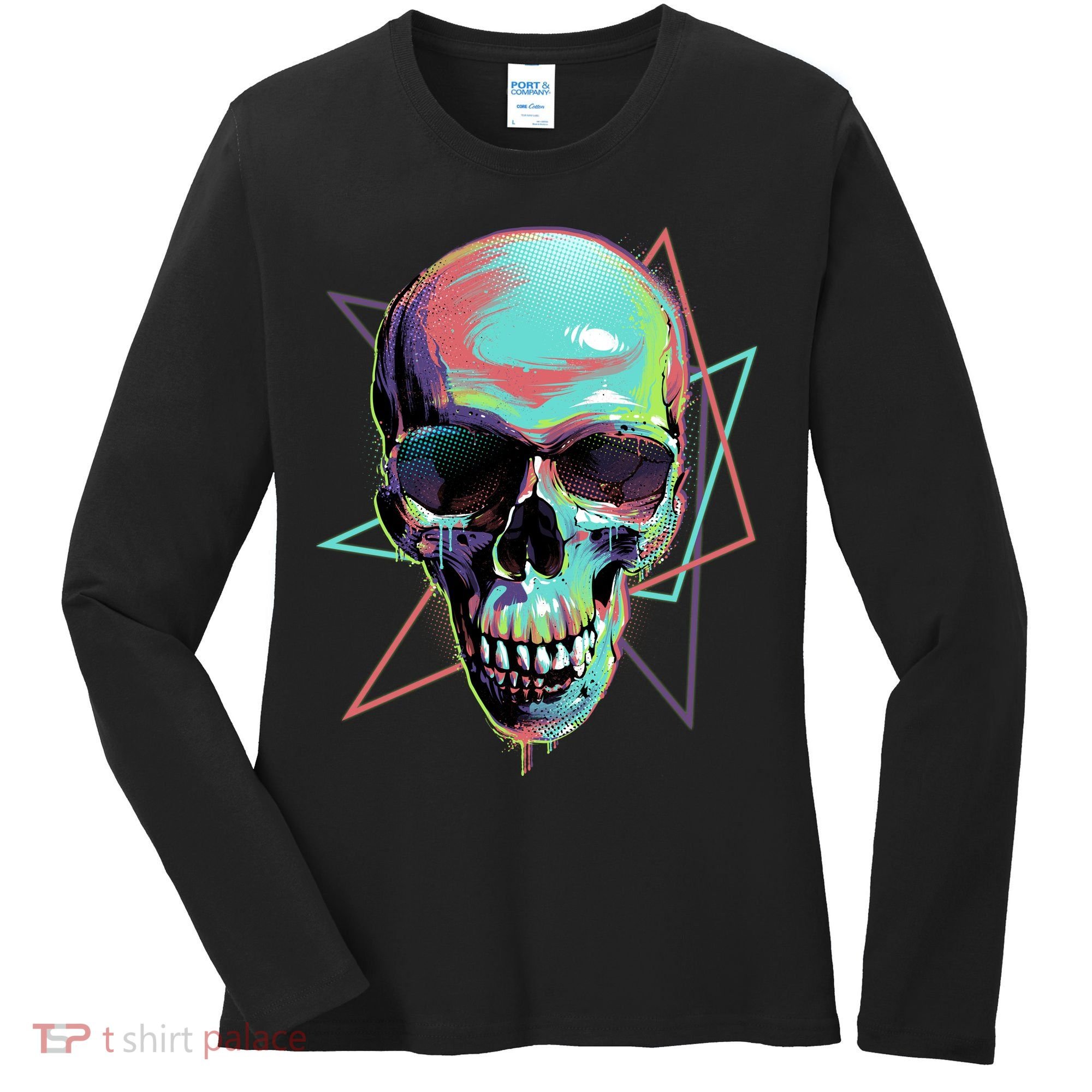 Retro Neon Graffiti Paint Skull Women's Long Sleeve Shirt