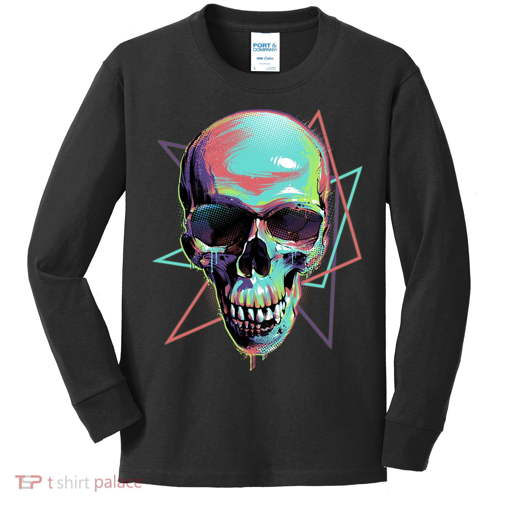 Retro Neon Graffiti Paint Skull Kids Long Sleeve Shirt