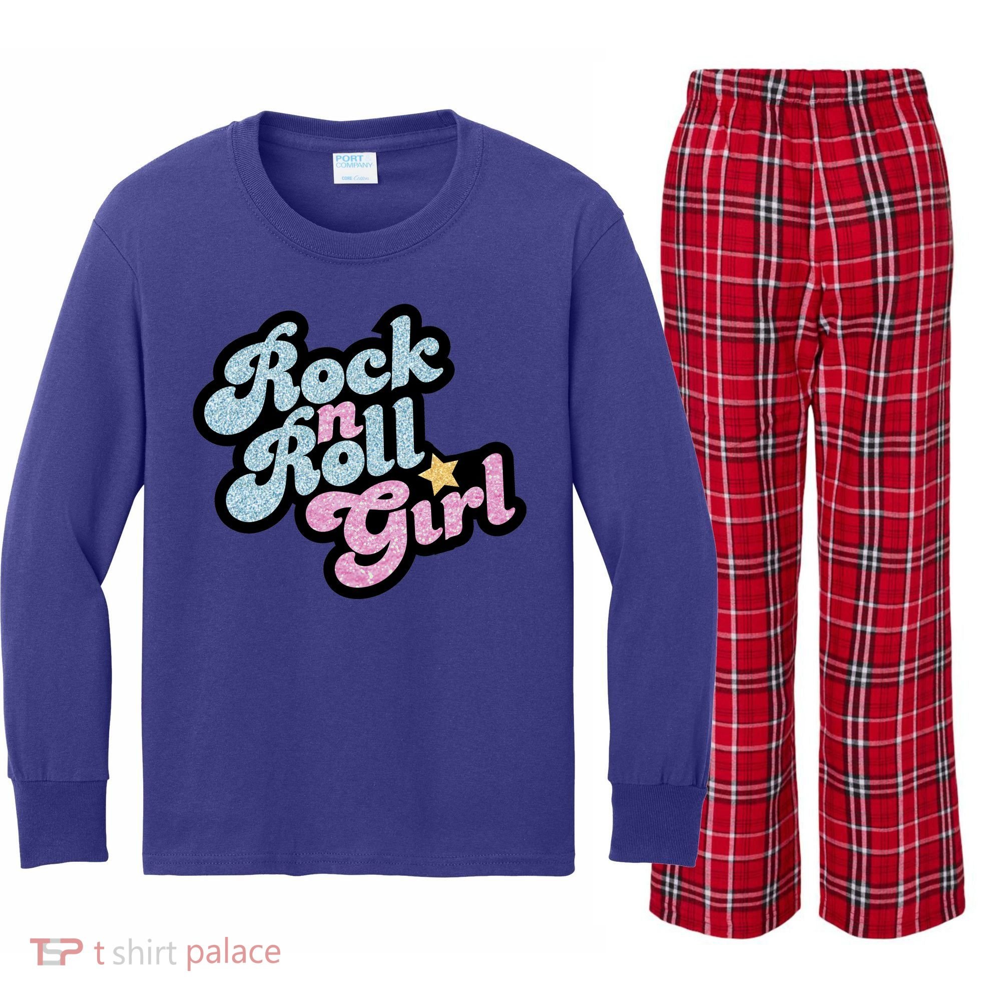 Rock N Roll Girl Cute Rockstar Concert Kids Long Sleeve Plaid Pajama Set