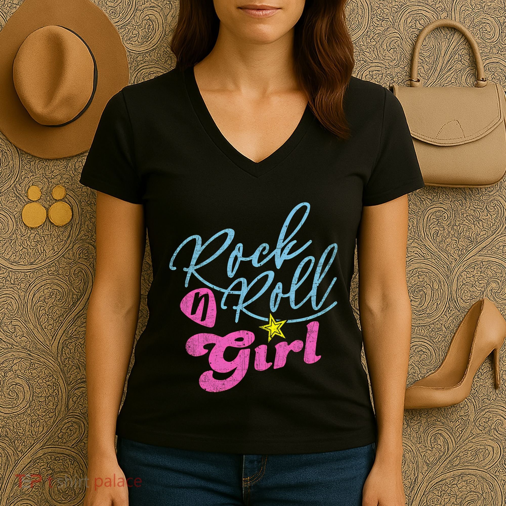 Rock N Roll Girl Purple Darla Women's V-Neck T-Shirt