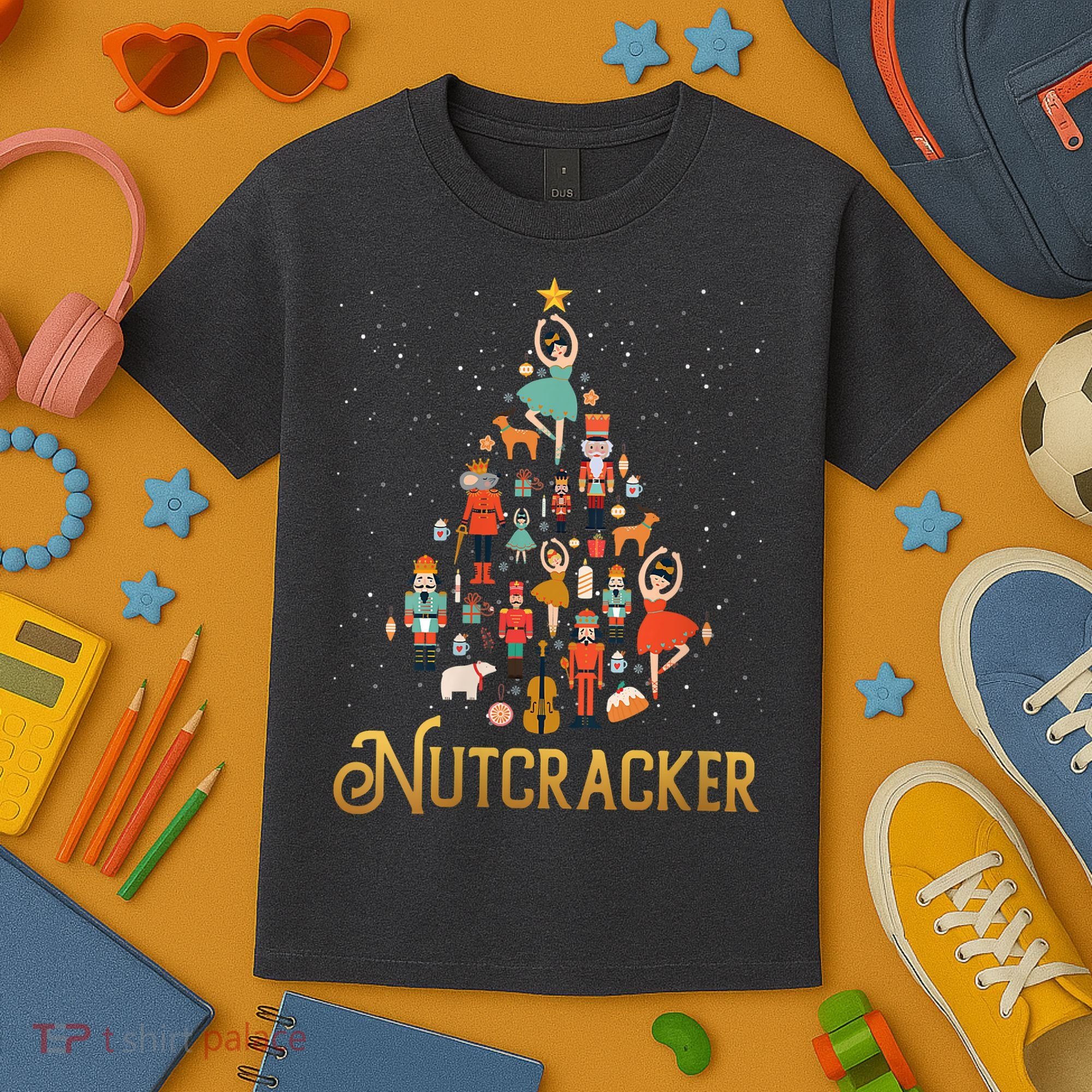 Retro Nutcracker Tree Ballet Dance Family Christmas Pajama Kids T-Shirt