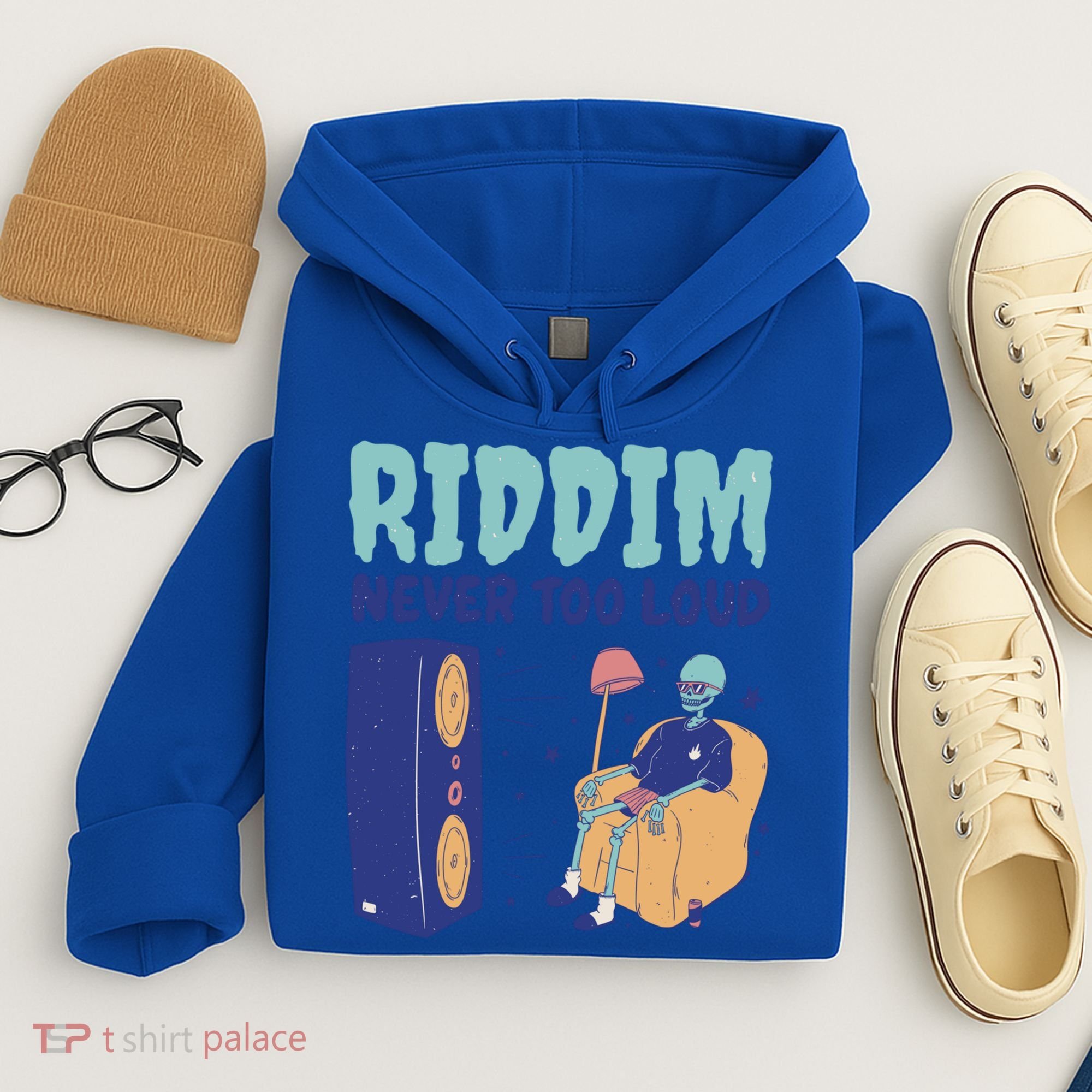 Riddim Never Too Loud Funny Dubstep Skeleton Gift Hoodie