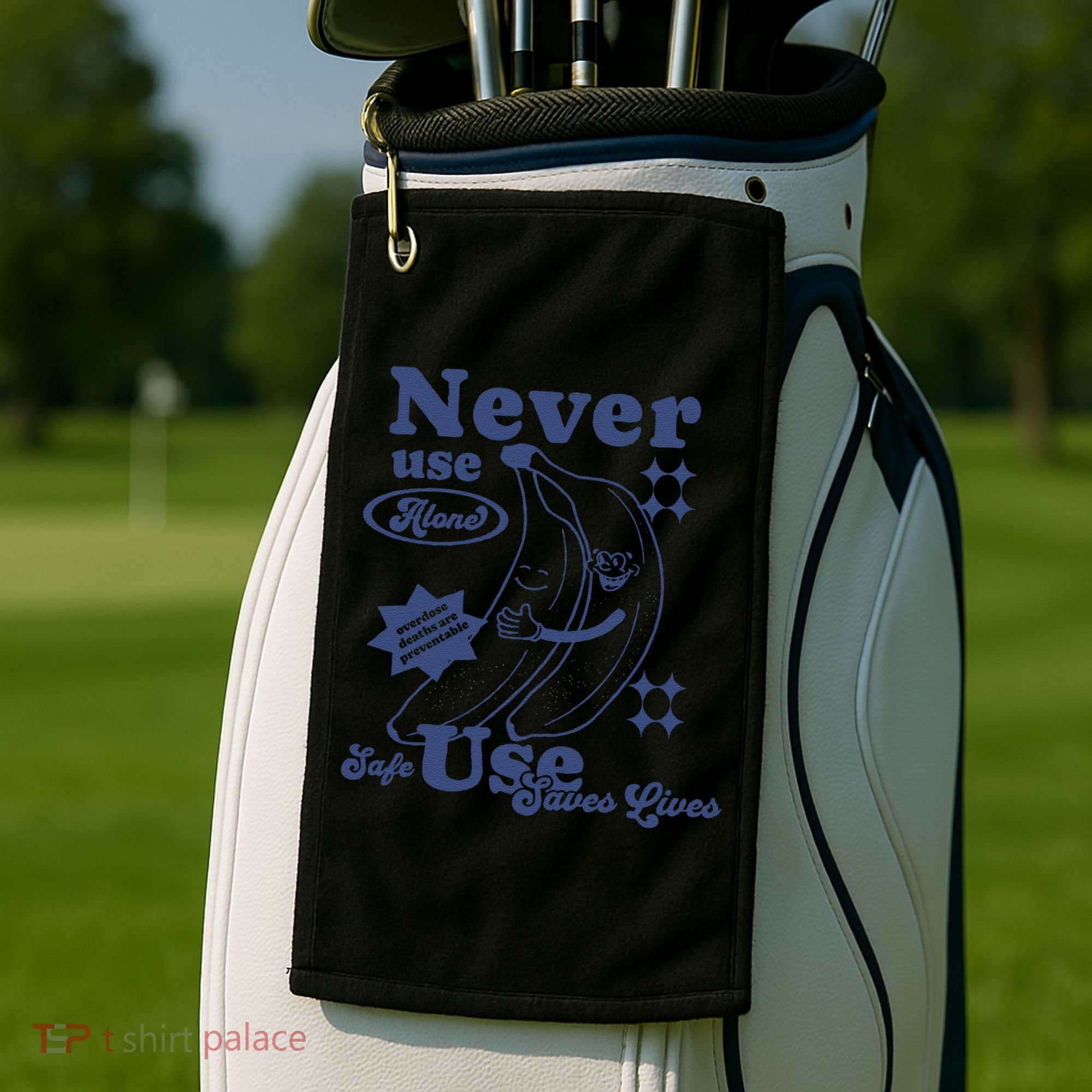 Retro Never Use Alone Harm Reduction Golf Towel