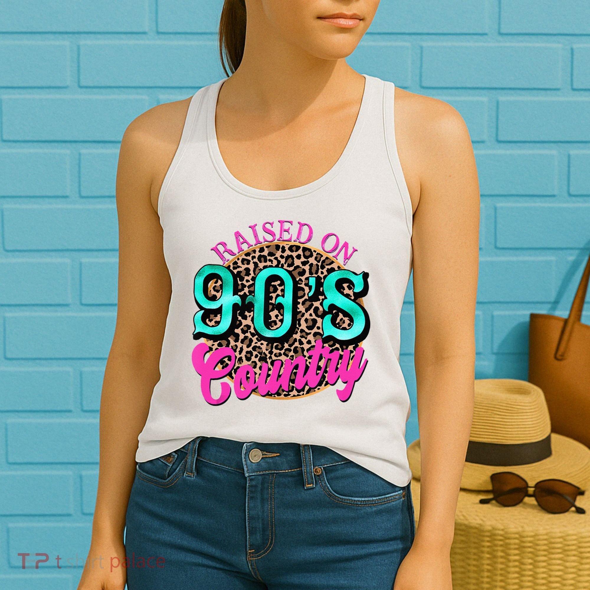 Raised On 90s Country Retro Music Leopard Cow Girl Funny Women's Tank Top
