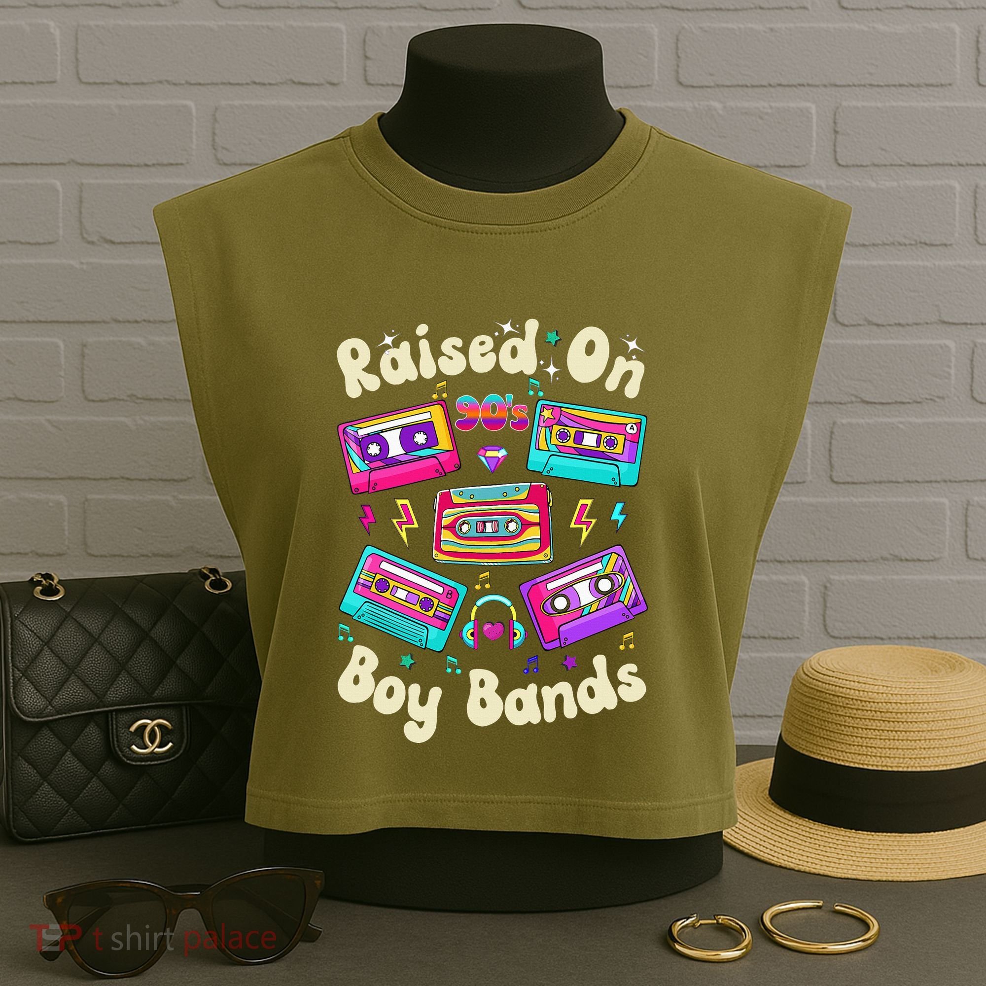 Raised On 90s Boy Bands Cassette Tape Garment-Dyed Women's Muscle Tee