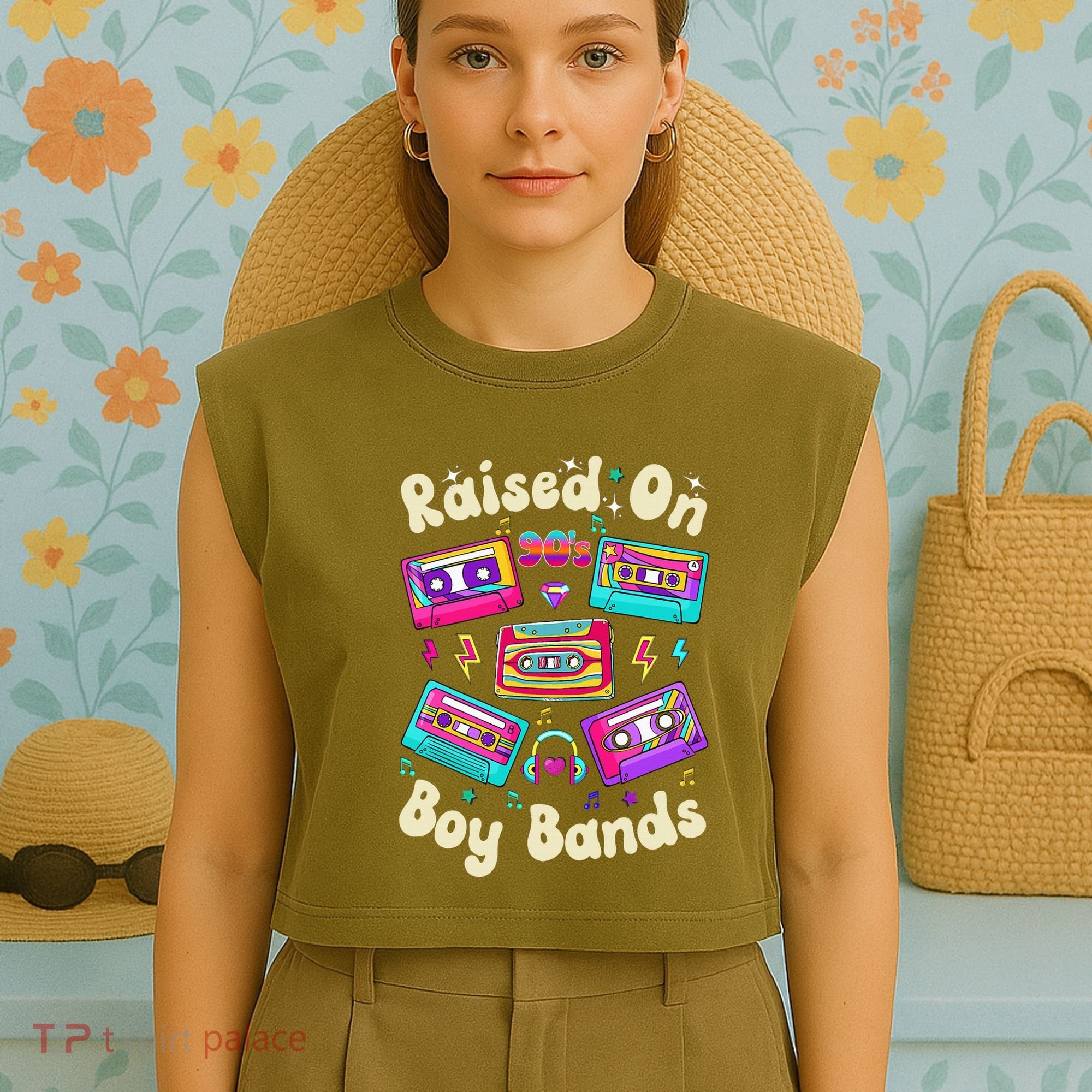 Raised On 90s Boy Bands Cassette Tape Garment-Dyed Women's Muscle Tee