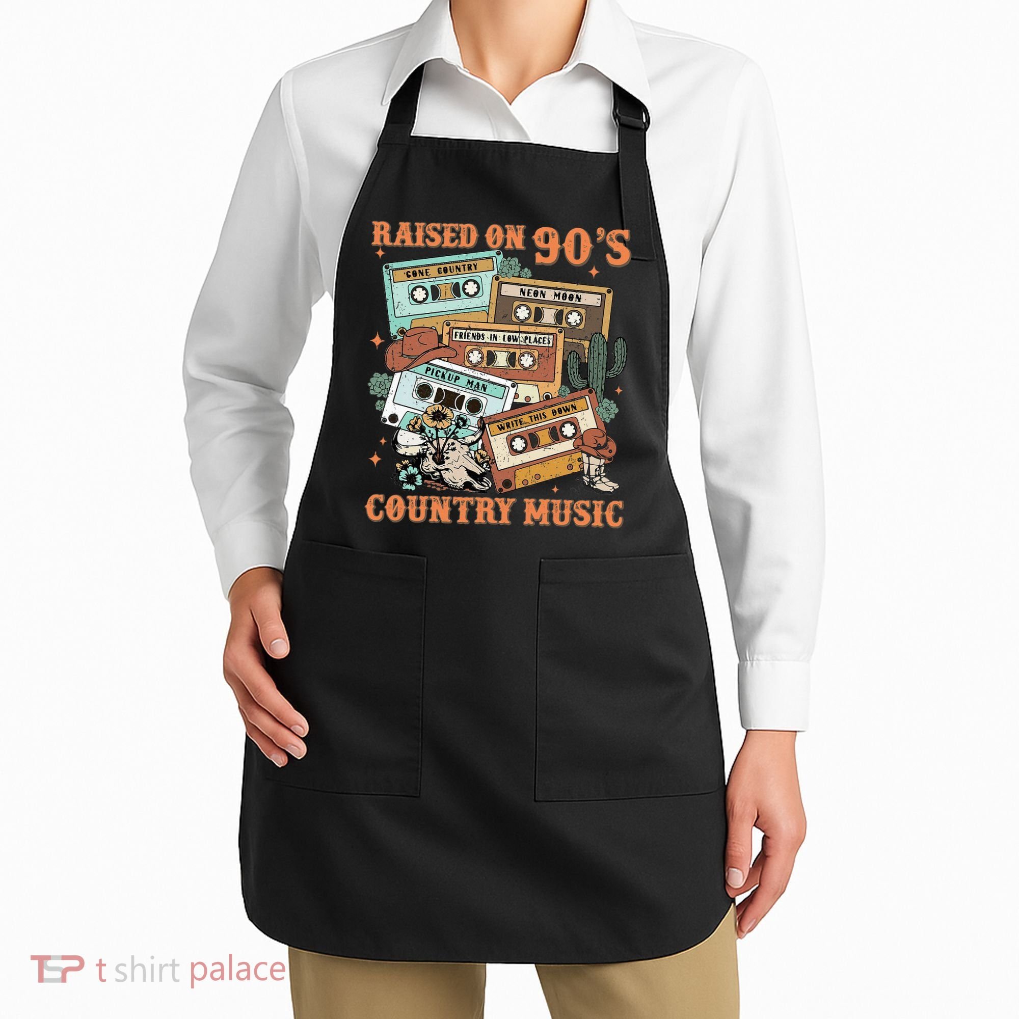 Raised On 90S Country Music Western Cowboy Retro Cow Skull Apron