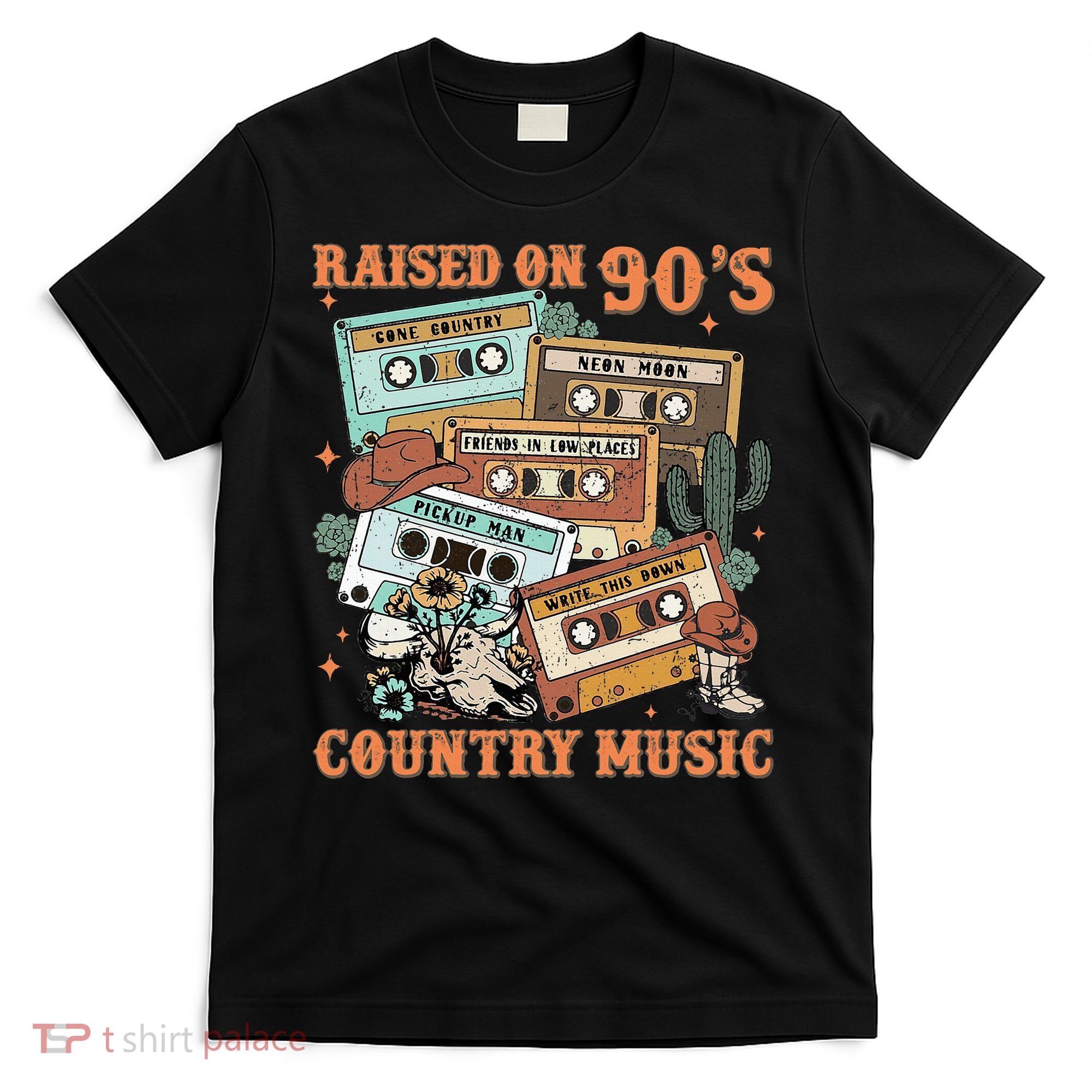 Raised On 90S Country Music Western Cowboy Retro Cow Skull T-Shirt