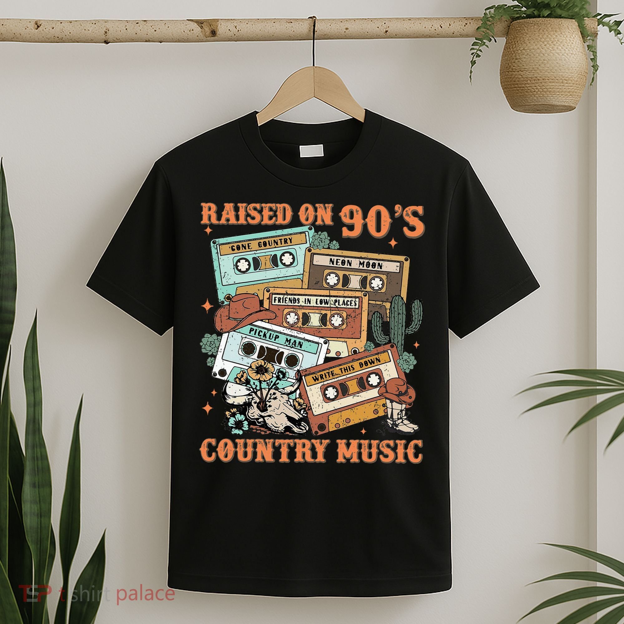 Raised On 90S Country Music Western Cowboy Retro Cow Skull T-Shirt