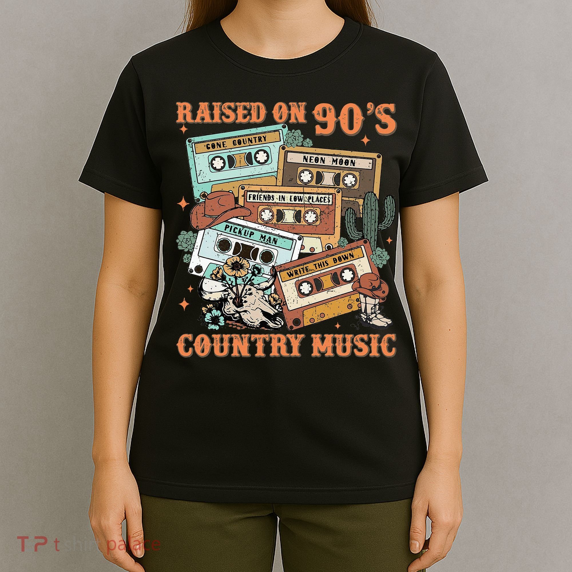 Raised On 90S Country Music Western Cowboy Retro Cow Skull T-Shirt