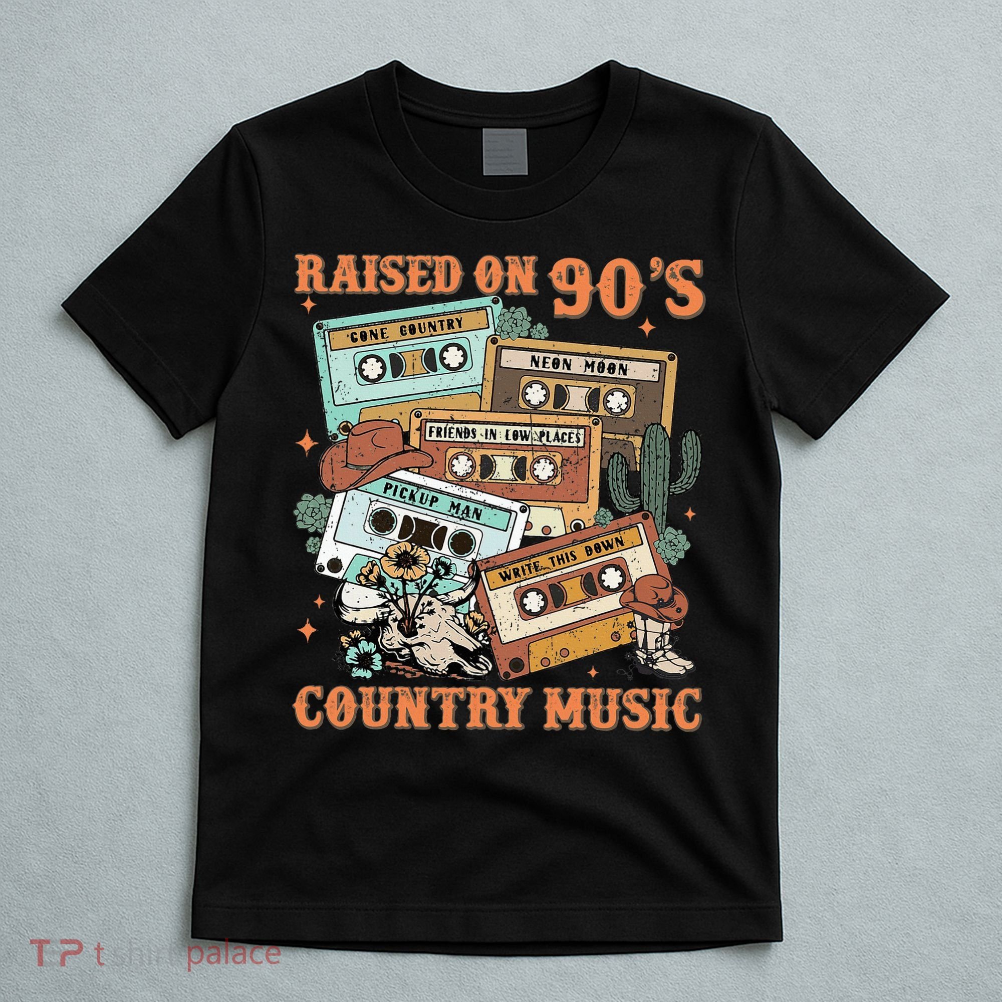 Raised On 90S Country Music Western Cowboy Retro Cow Skull T-Shirt