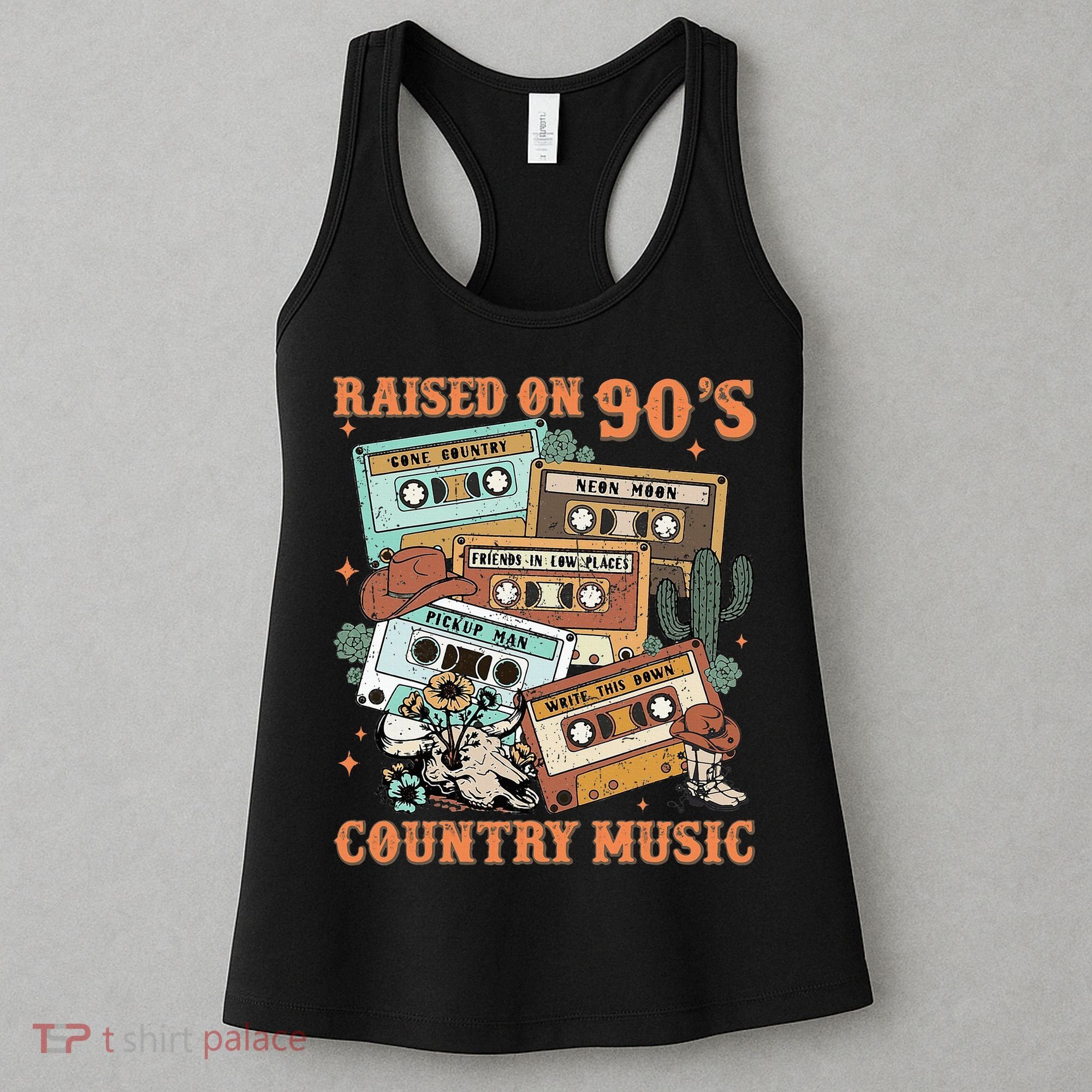 Raised On 90S Country Music Western Cowboy Retro Cow Skull Women's Tank Top
