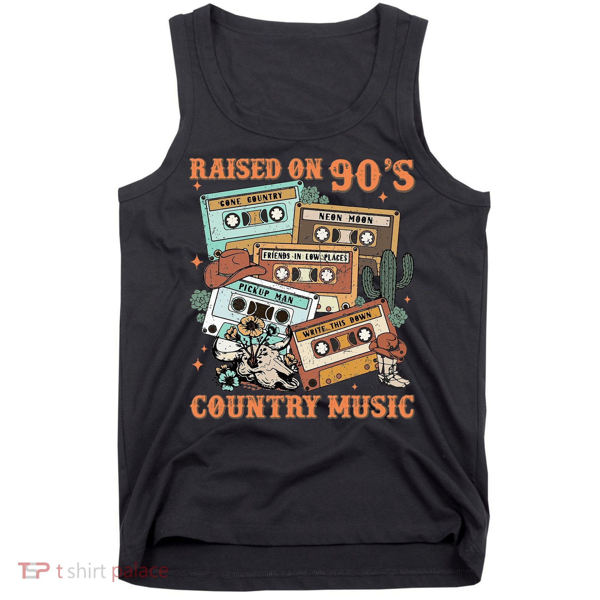 Raised On 90S Country Music Western Cowboy Retro Cow Skull Tank Top