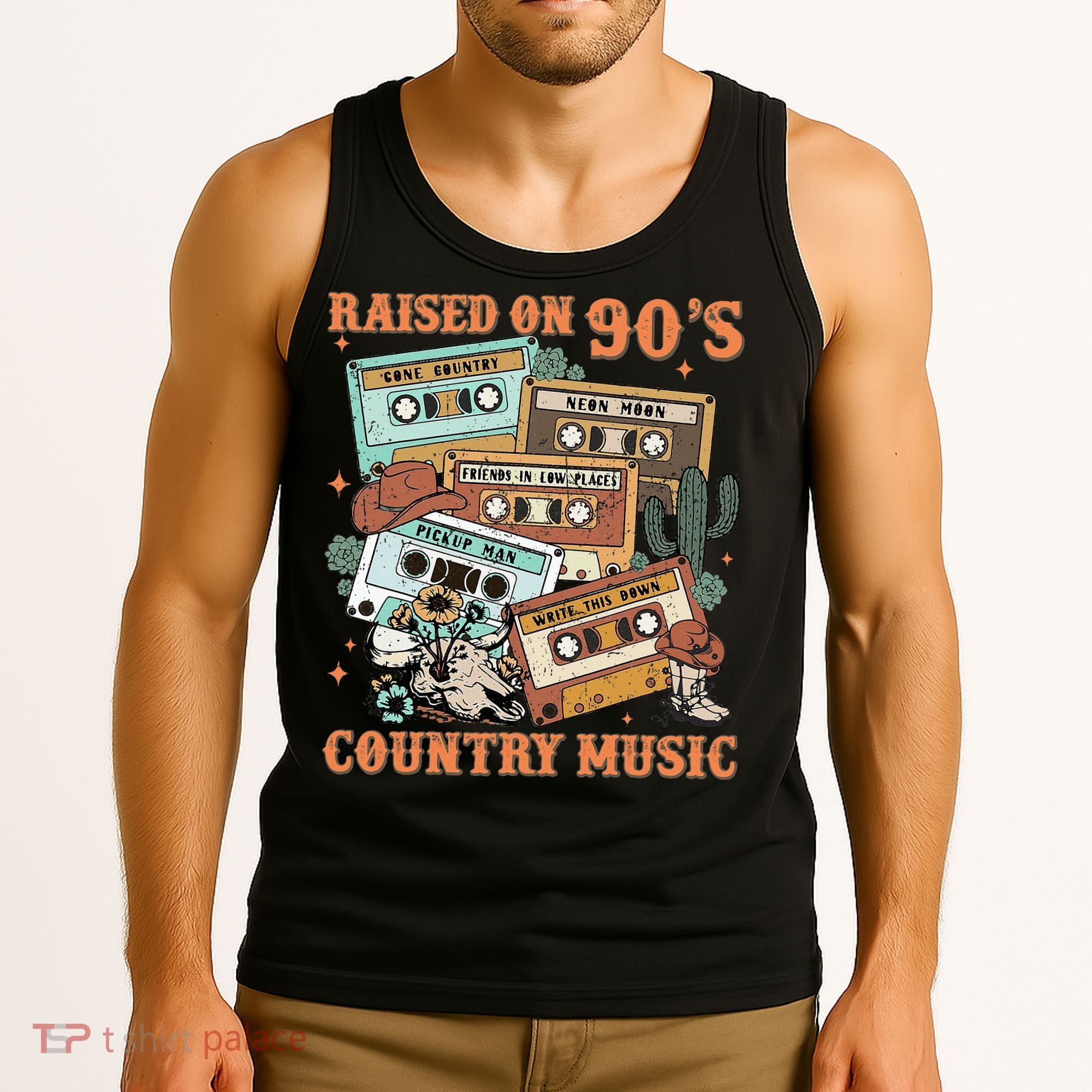 Raised On 90S Country Music Western Cowboy Retro Cow Skull Tank Top