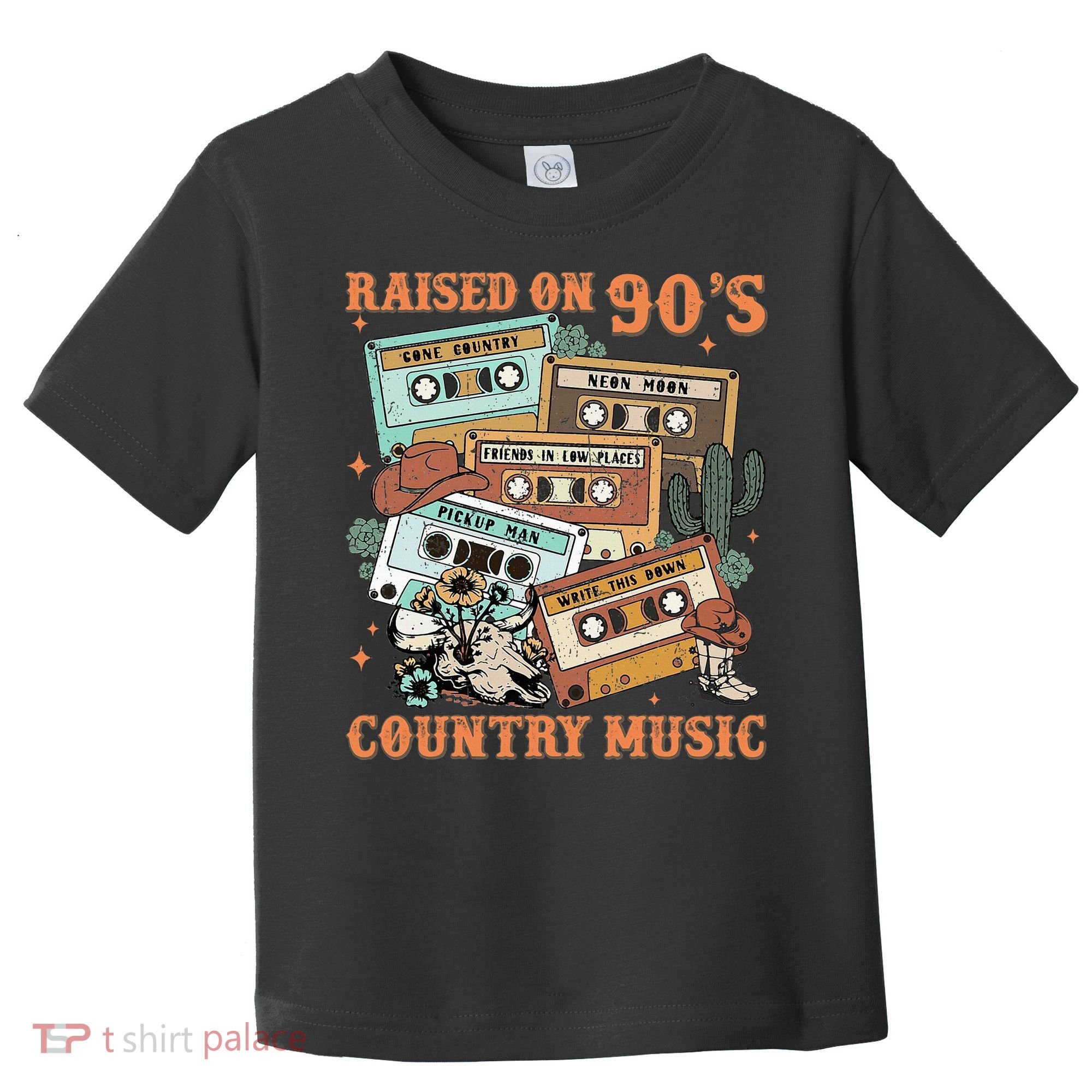 Raised On 90S Country Music Western Cowboy Retro Cow Skull Toddler T-Shirt