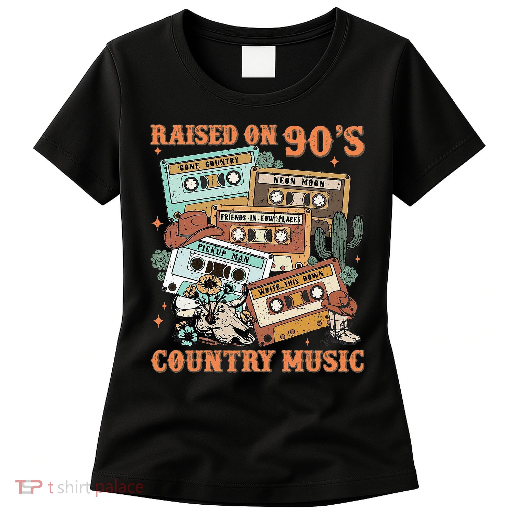 Raised On 90S Country Music Western Cowboy Retro Cow Skull Women's T-Shirt