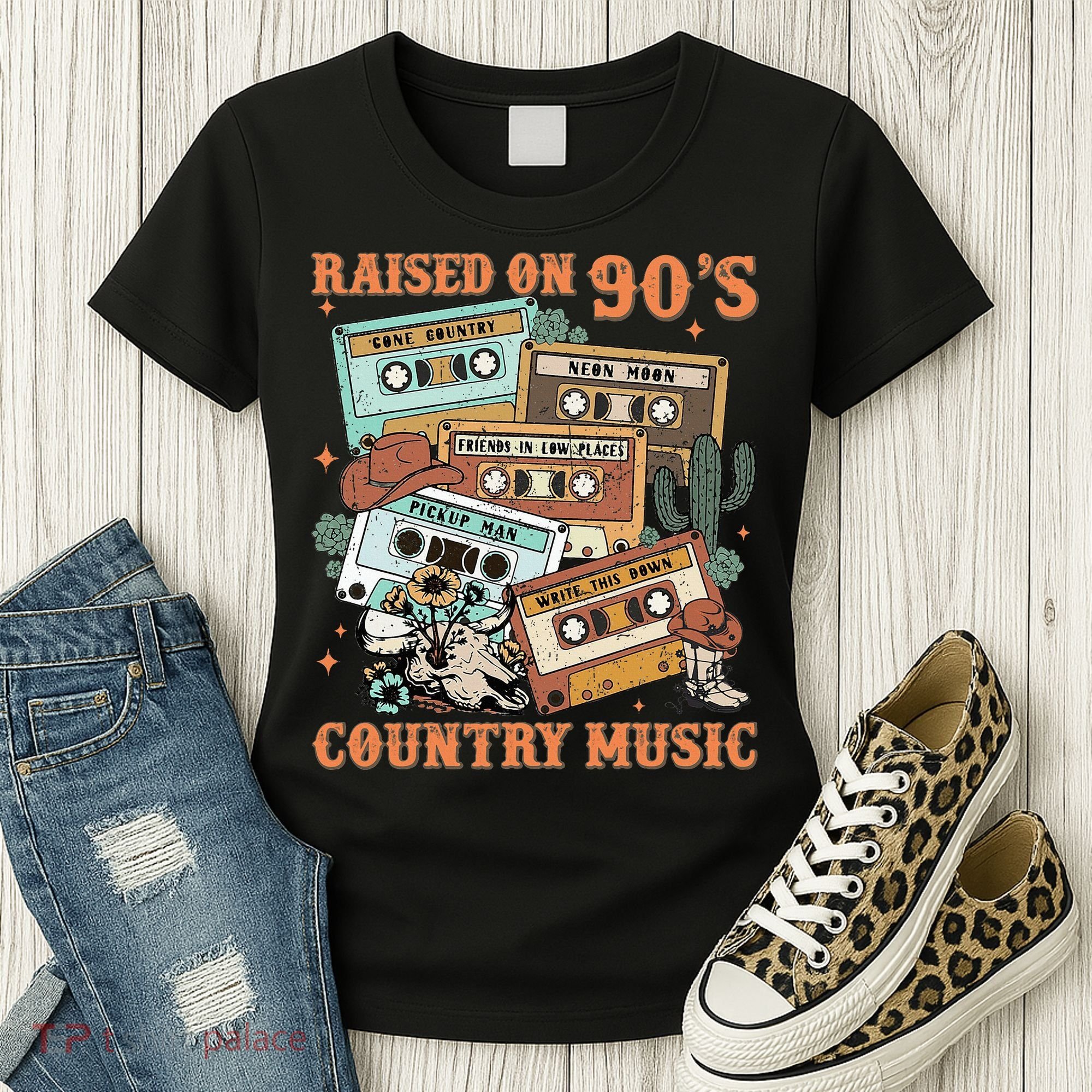 Raised On 90S Country Music Western Cowboy Retro Cow Skull Women's T-Shirt
