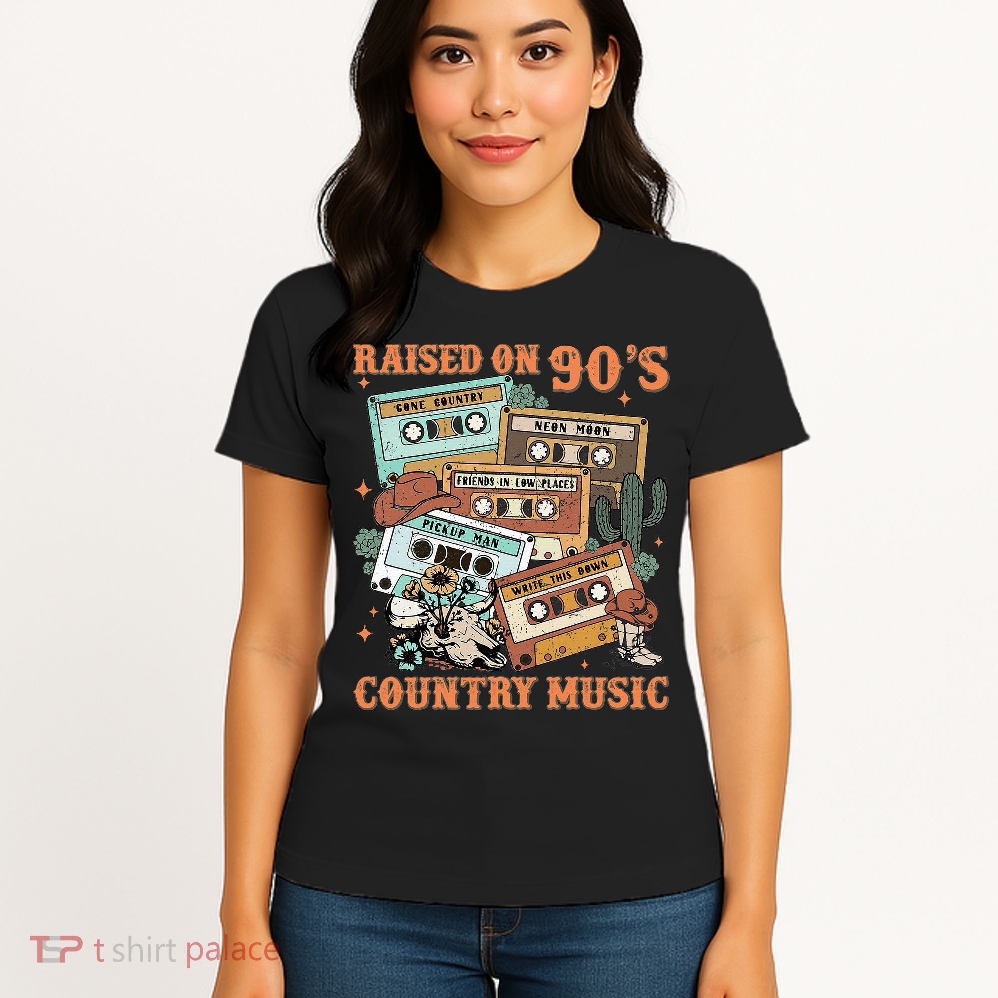Raised On 90S Country Music Western Cowboy Retro Cow Skull Women's T-Shirt