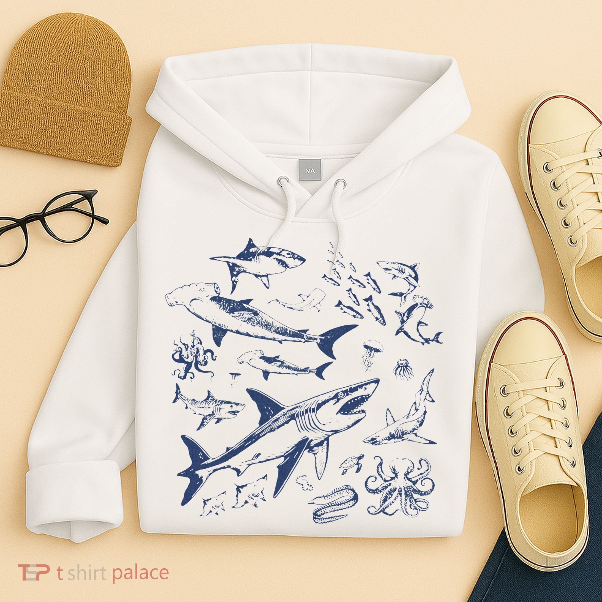 Retro Ocean Animal Wildlife Shark Fish Octopus Nature Hoodie