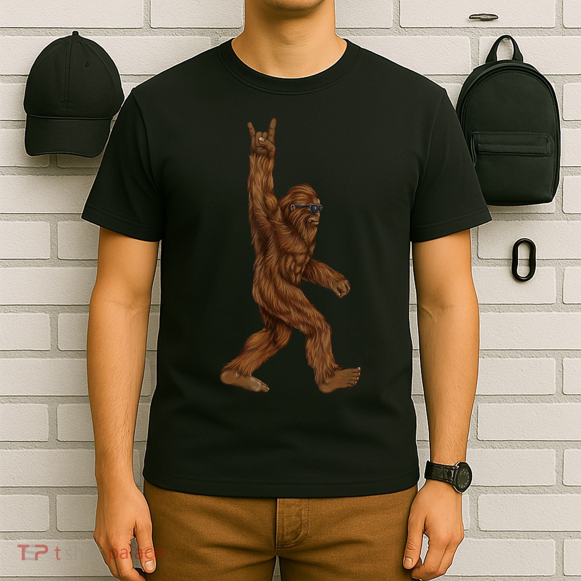Rock On Bigfoot Sasquatch Loves Rock And Roll Sunglasses On T-Shirt