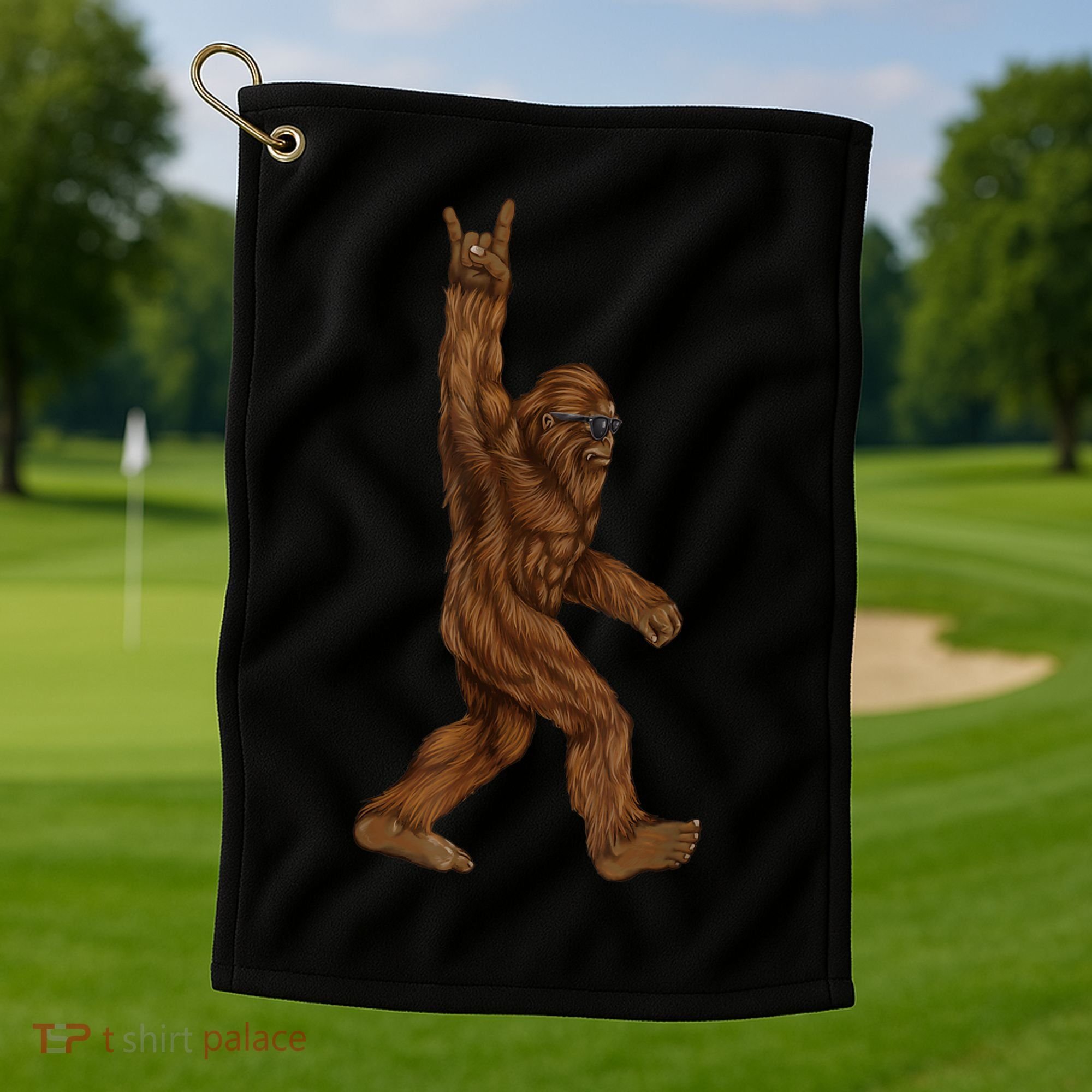 Rock On Bigfoot Sasquatch Loves Rock And Roll Sunglasses On Golf Towel