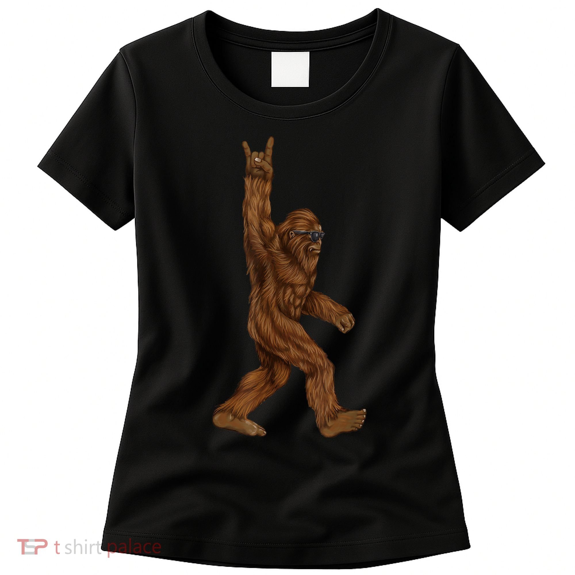Rock On Bigfoot Sasquatch Loves Rock And Roll Sunglasses On Women's T-Shirt