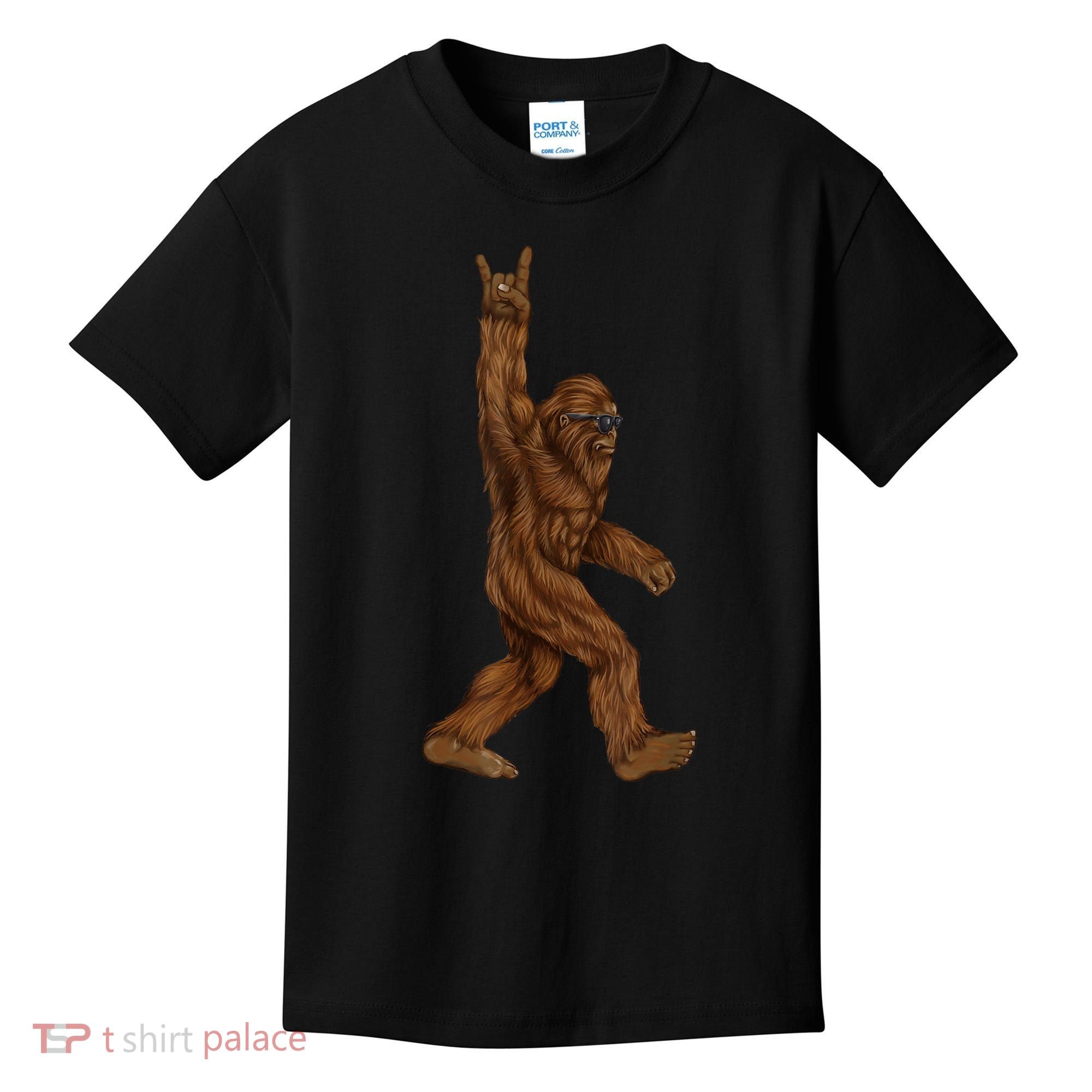 Rock On Bigfoot Sasquatch Loves Rock And Roll Sunglasses On Kids T-Shirt