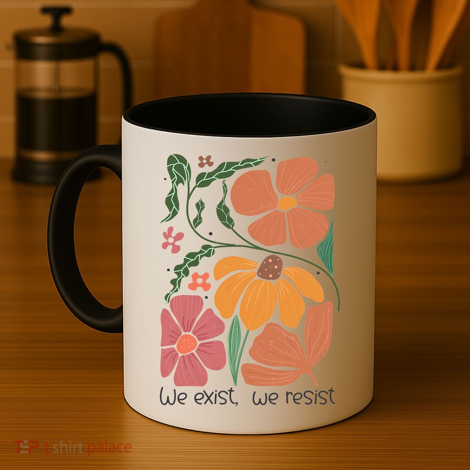 Retro Orange Blooms Groovy Floral We Exist We Resist Coffee Mug