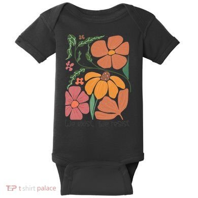 Retro Orange Blooms Groovy Floral We Exist We Resist Baby Bodysuit