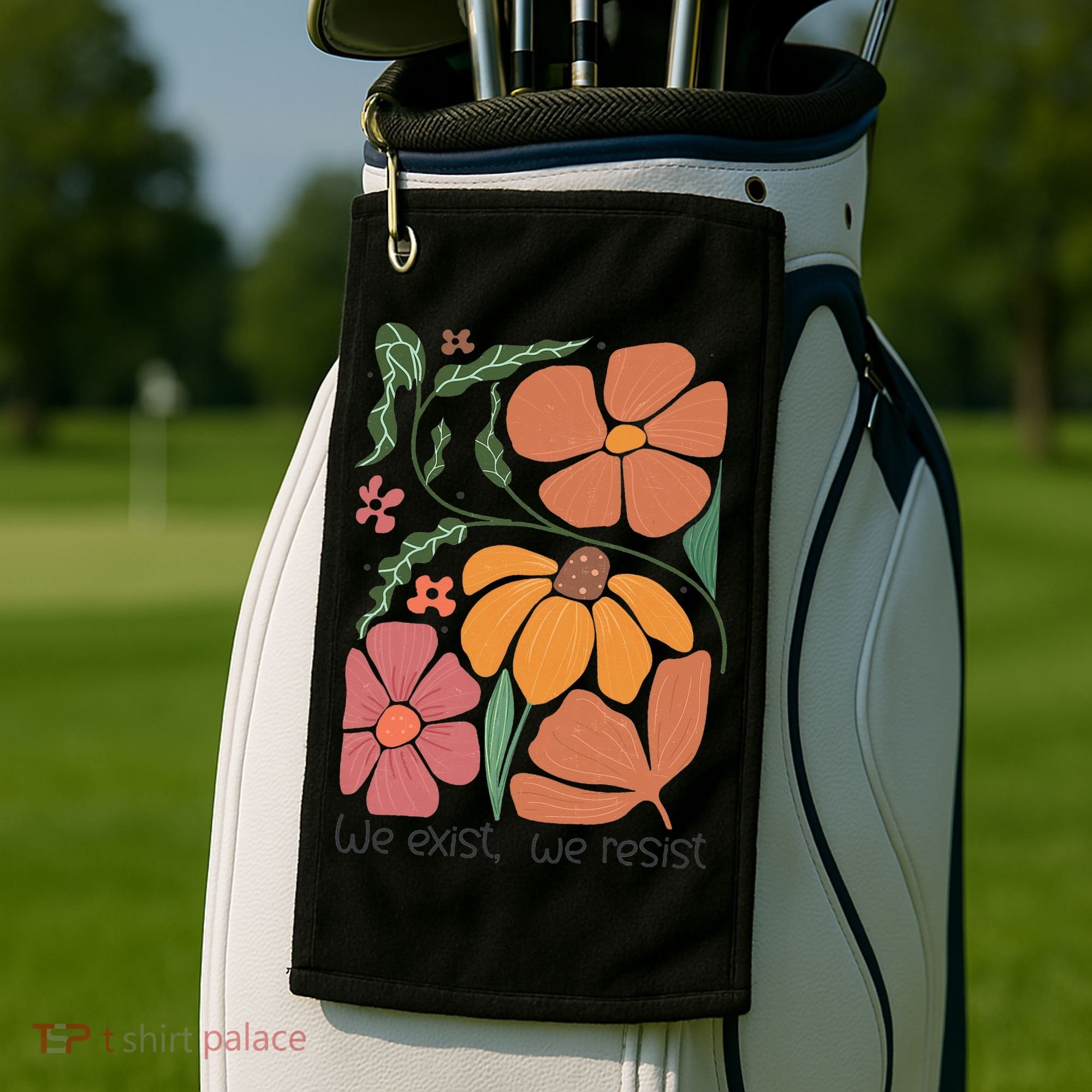 Retro Orange Blooms Groovy Floral We Exist We Resist Golf Towel