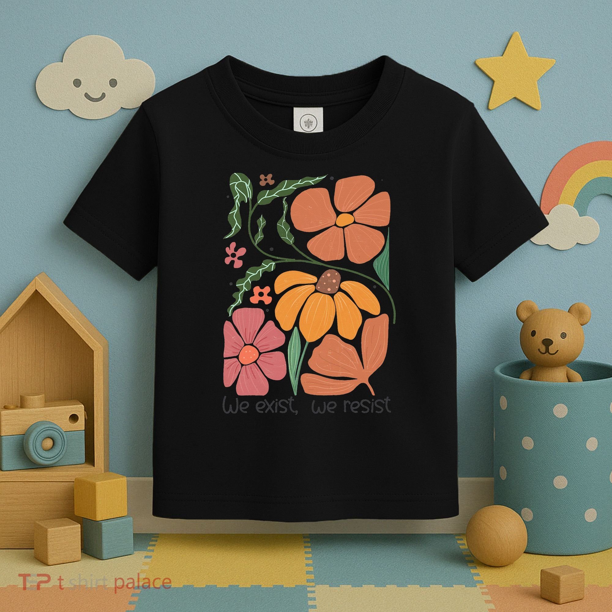 Retro Orange Blooms Groovy Floral We Exist We Resist Toddler T-Shirt