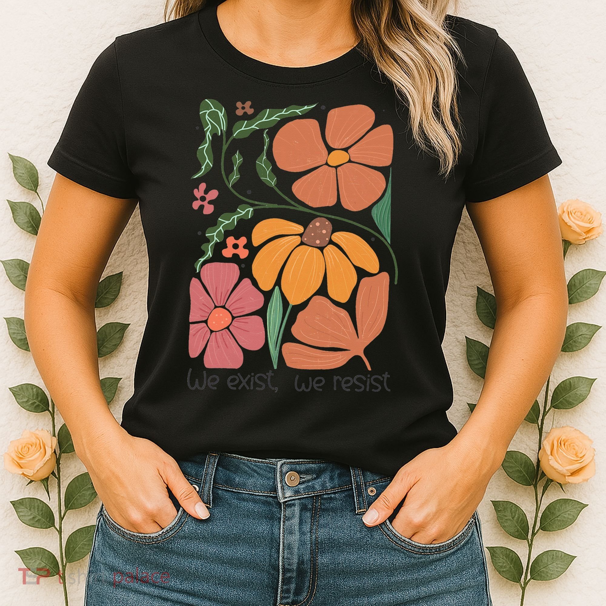 Retro Orange Blooms Groovy Floral We Exist We Resist Women's T-Shirt