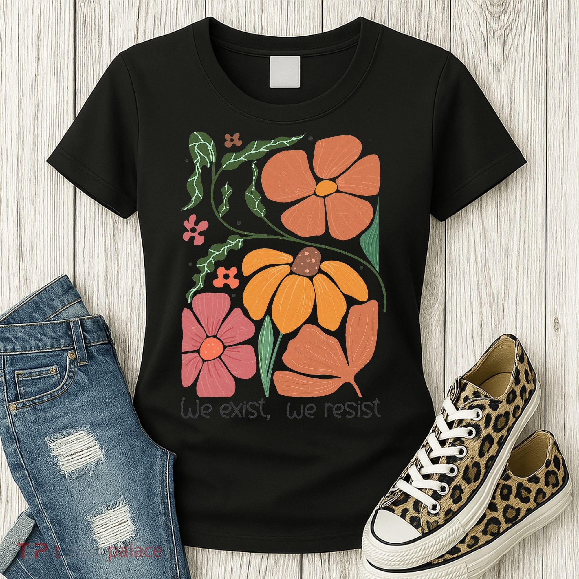 Retro Orange Blooms Groovy Floral We Exist We Resist Women's T-Shirt