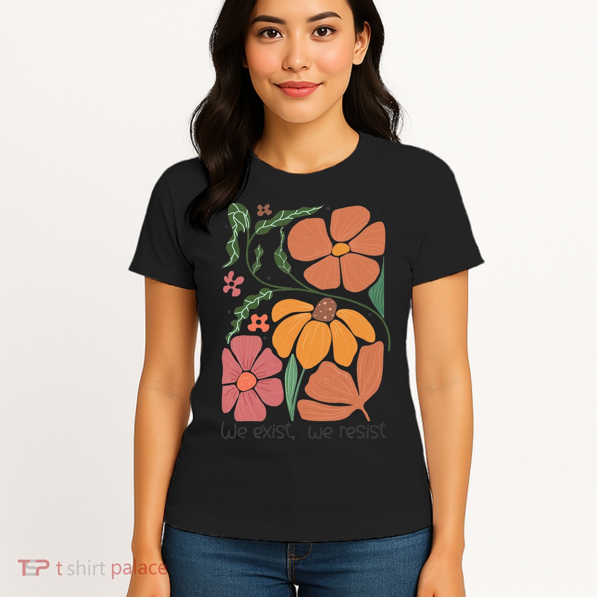 Retro Orange Blooms Groovy Floral We Exist We Resist Women's T-Shirt