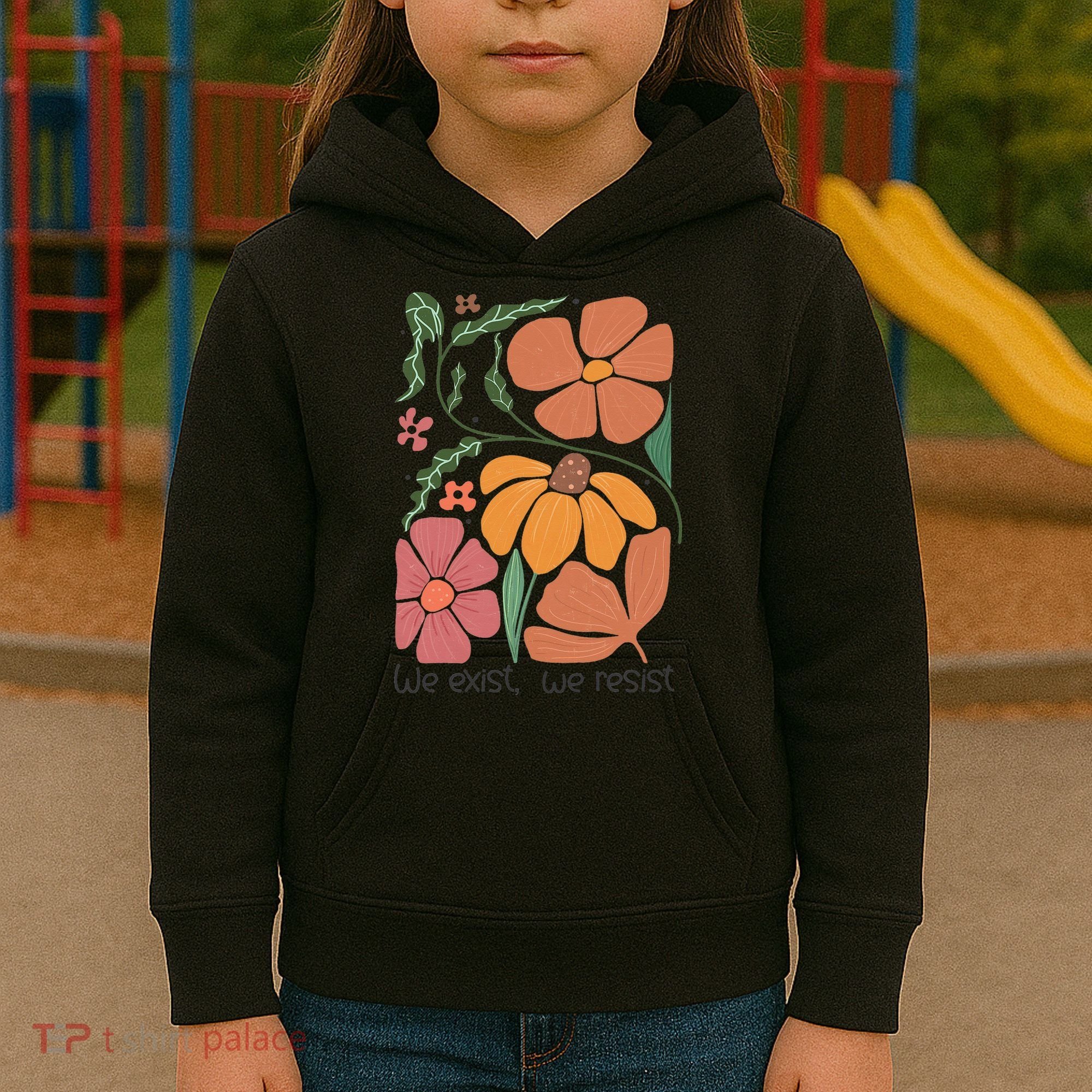 Retro Orange Blooms Groovy Floral We Exist We Resist Kids Hoodie