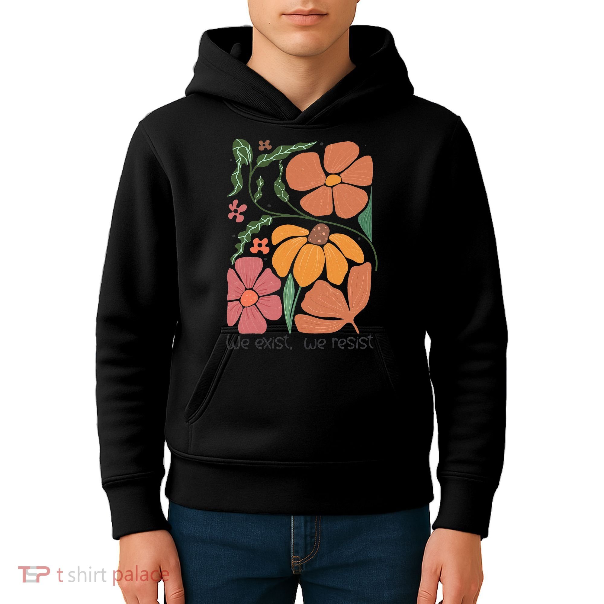 Retro Orange Blooms Groovy Floral We Exist We Resist Kids Hoodie