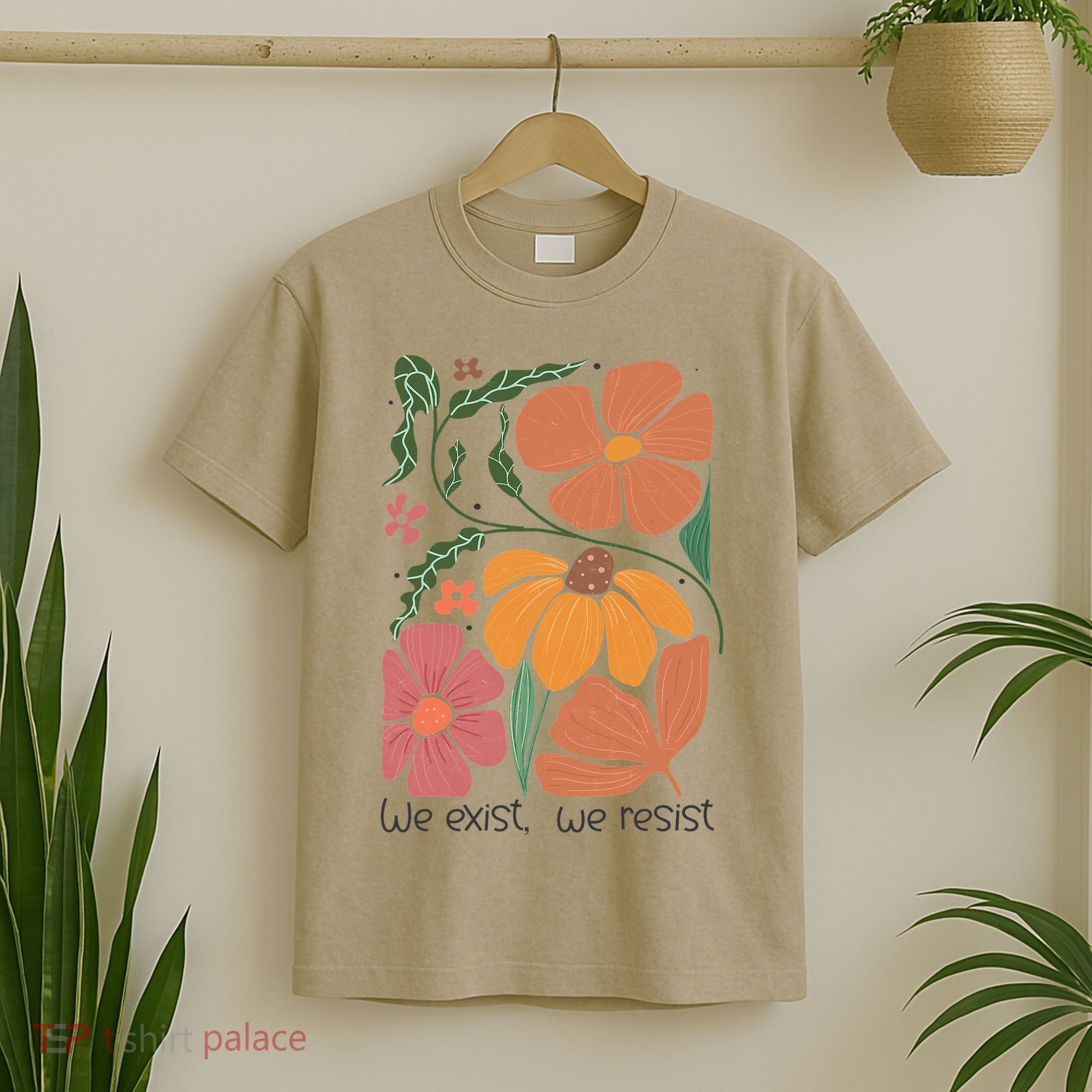 Retro Orange Blooms Groovy Floral We Exist We Resist T-Shirt