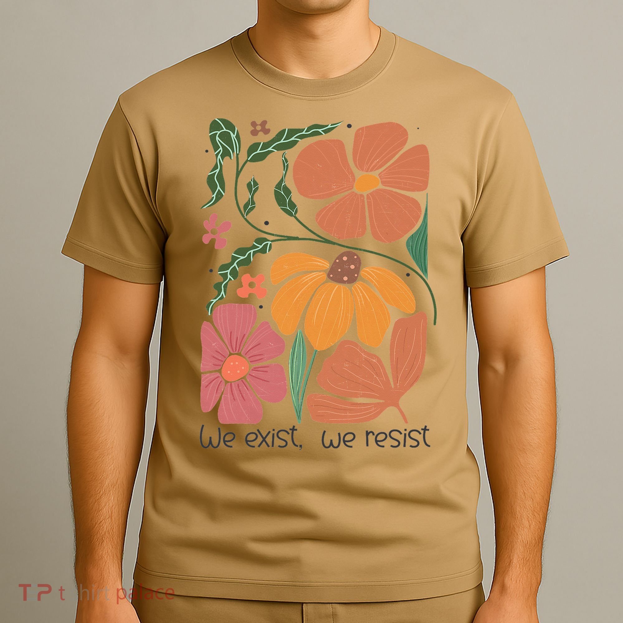 Retro Orange Blooms Groovy Floral We Exist We Resist T-Shirt