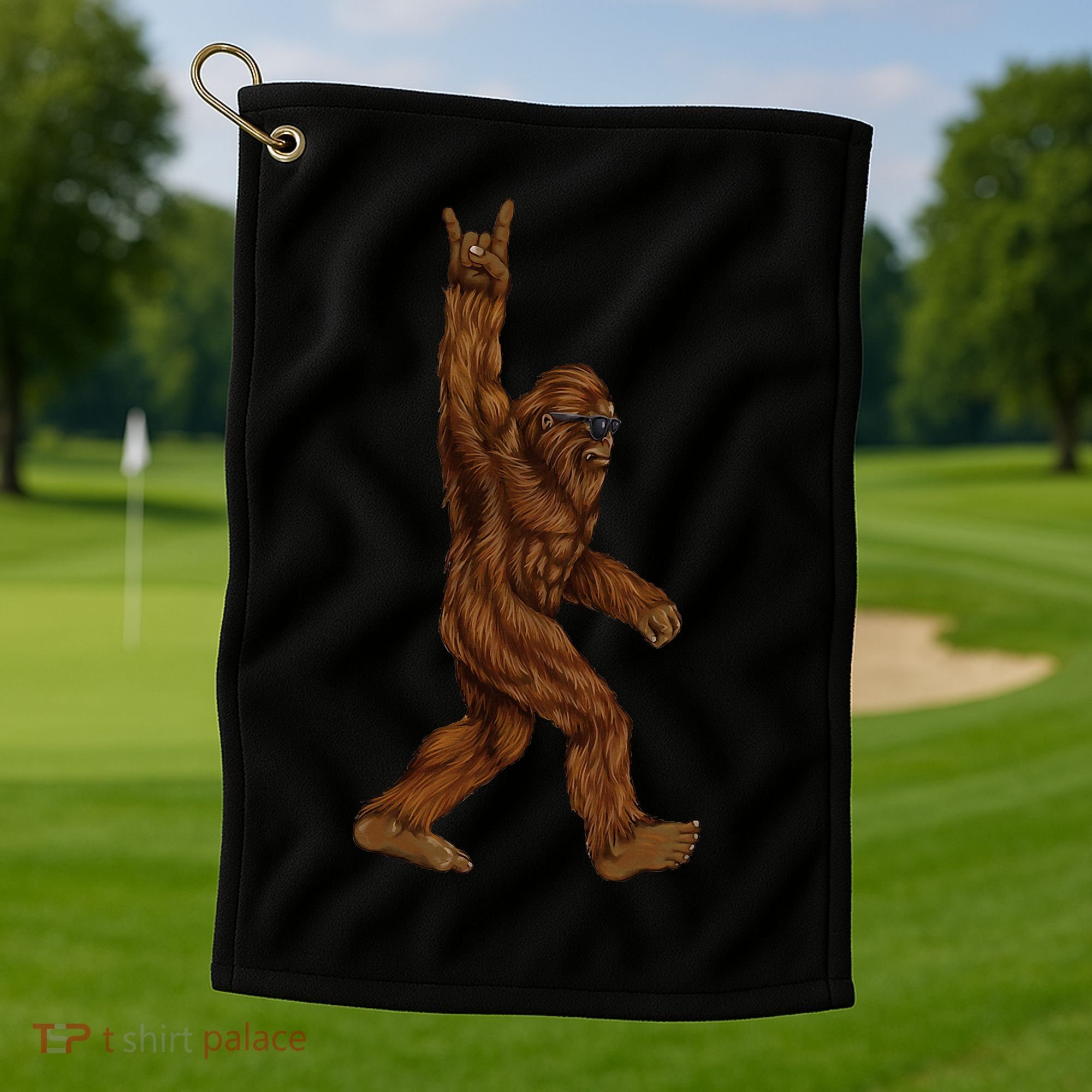 Rock On Bigfoot Sasquatch Loves Rock And Roll Sunglasses On Golf Towel