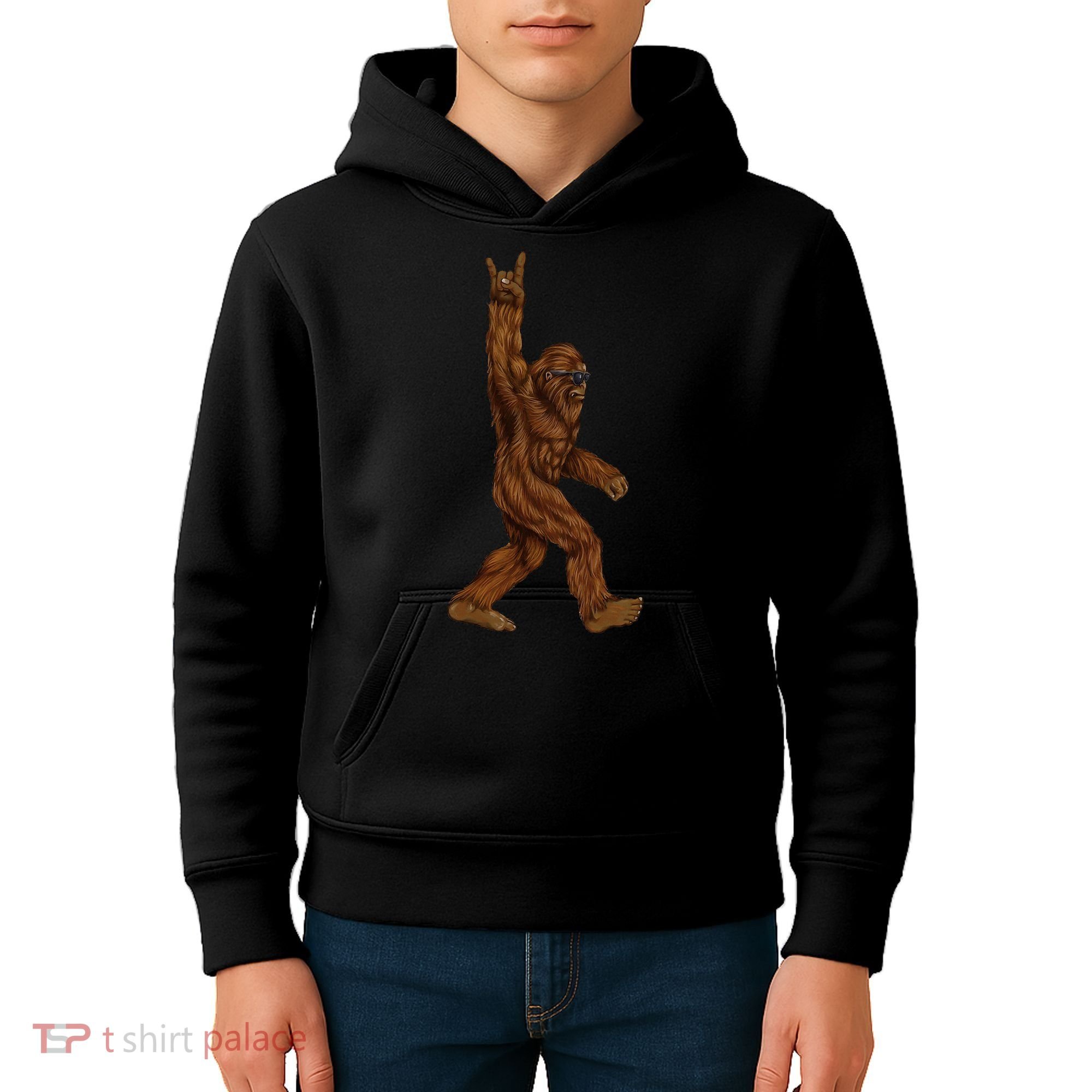 Rock On Bigfoot Sasquatch Loves Rock And Roll Sunglasses On Kids Hoodie