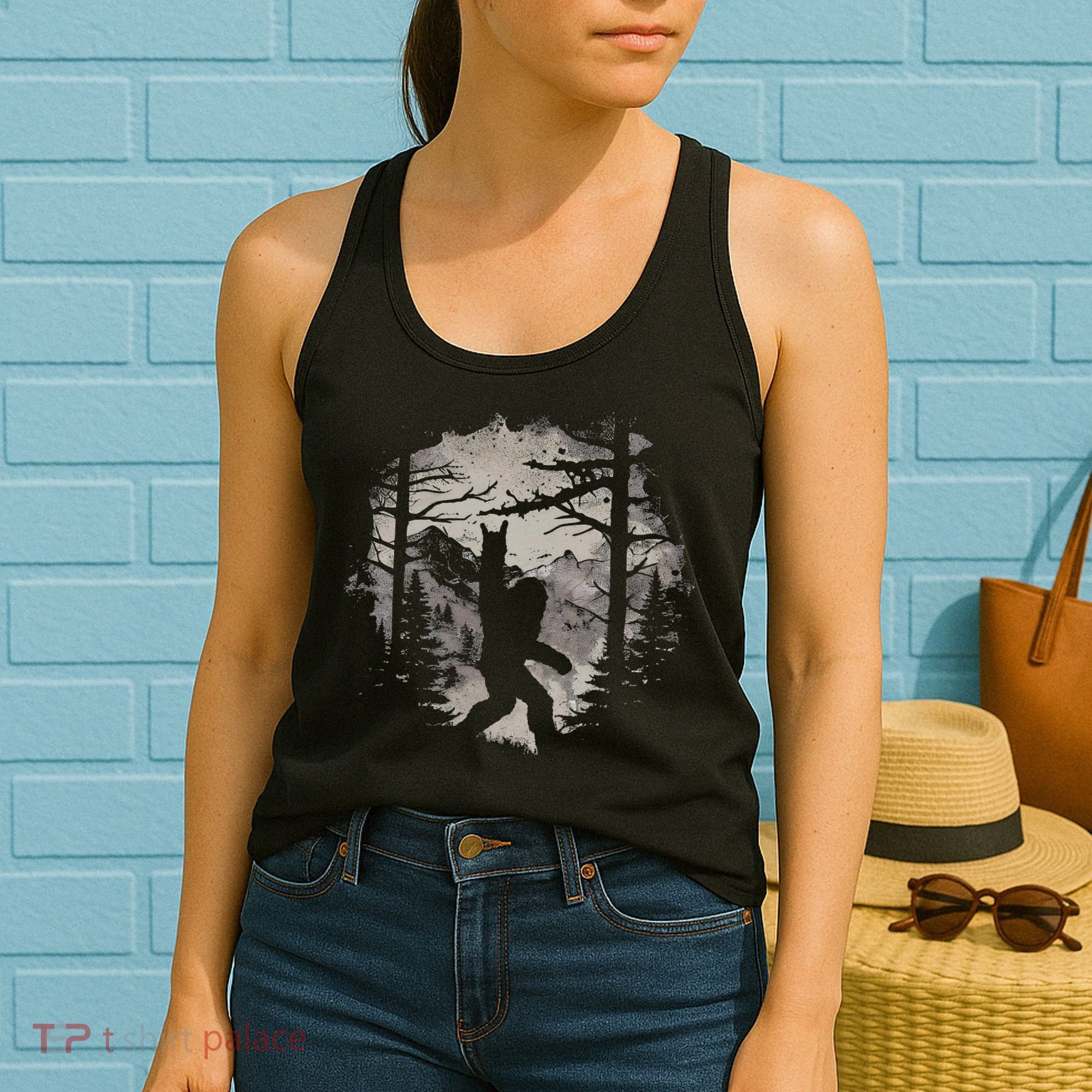Rock On Bigfoot Sasquatch Loves Rock And Roll Mountain Trees Women's Tank Top