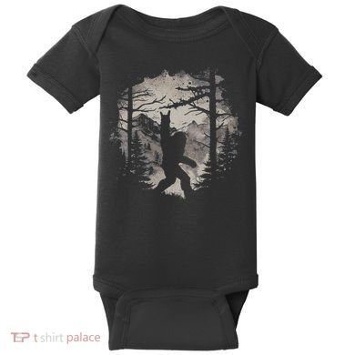 Rock On Bigfoot Sasquatch Loves Rock And Roll Mountain Trees Baby Bodysuit