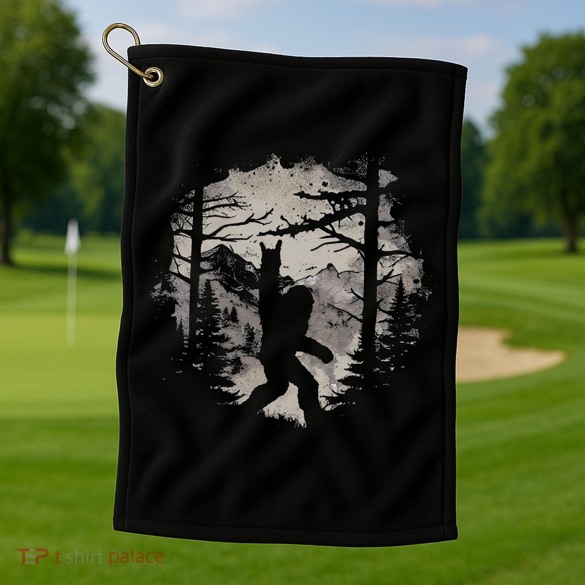 Rock On Bigfoot Sasquatch Loves Rock And Roll Mountain Trees Golf Towel