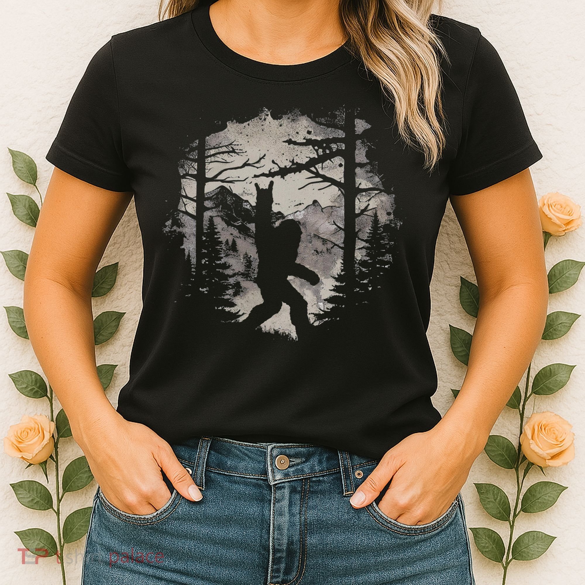 Rock On Bigfoot Sasquatch Loves Rock And Roll Mountain Trees Women's T-Shirt