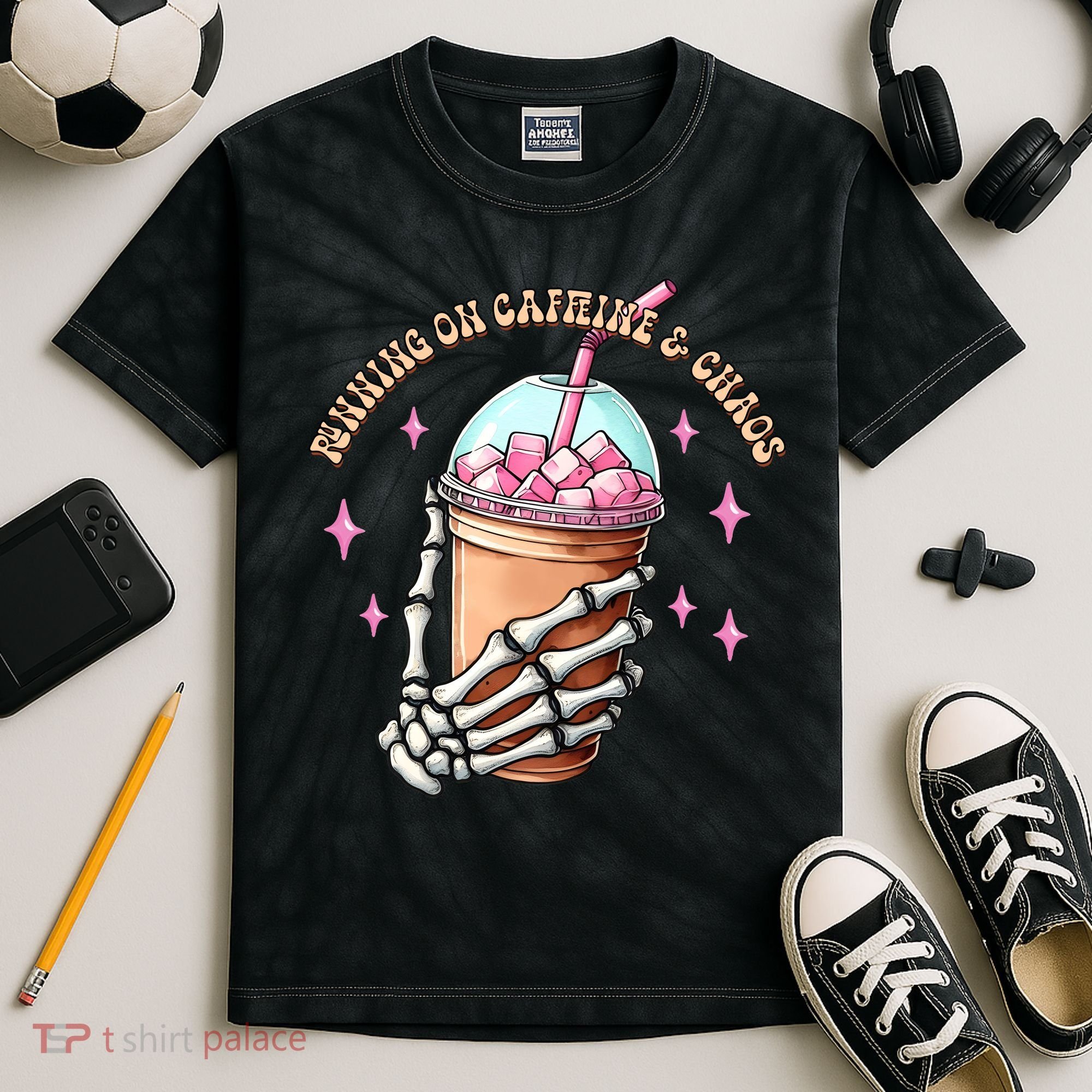 Running On Caffeine And Chaos Kids Tie-Dye T-Shirt