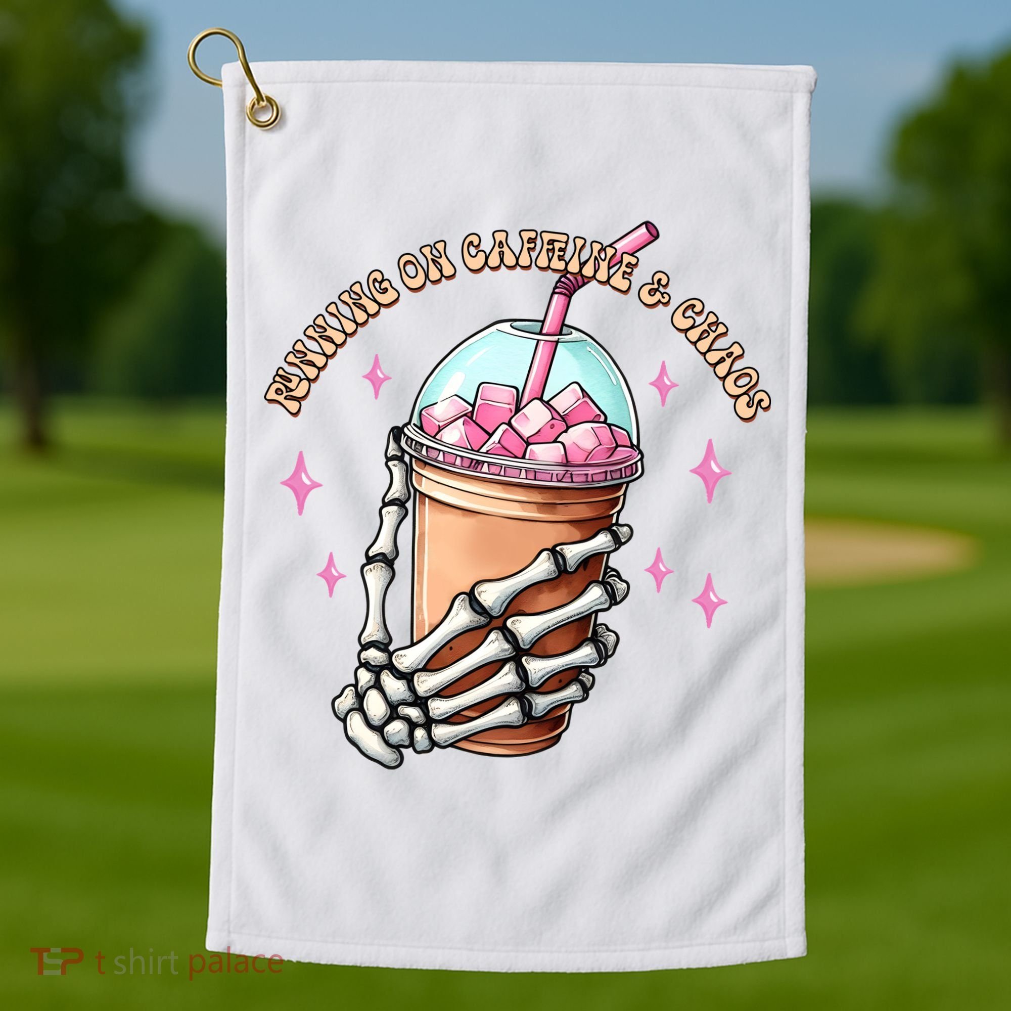 Running On Caffeine And Chaos Golf Towel