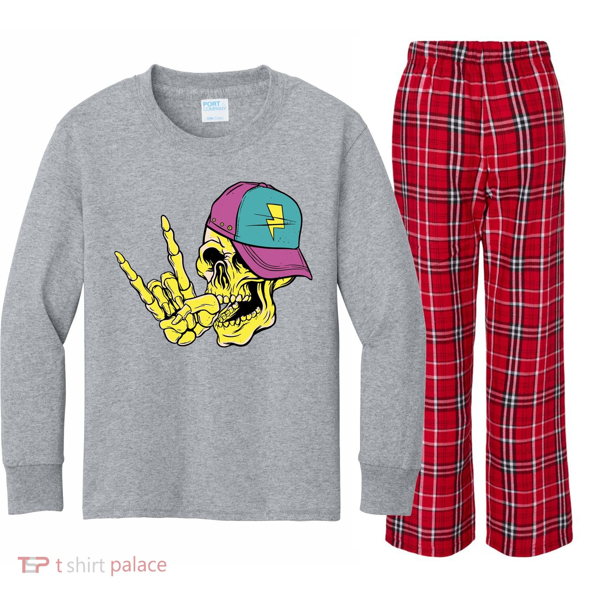 Rock On Cool Skull Kids Long Sleeve Plaid Pajama Set