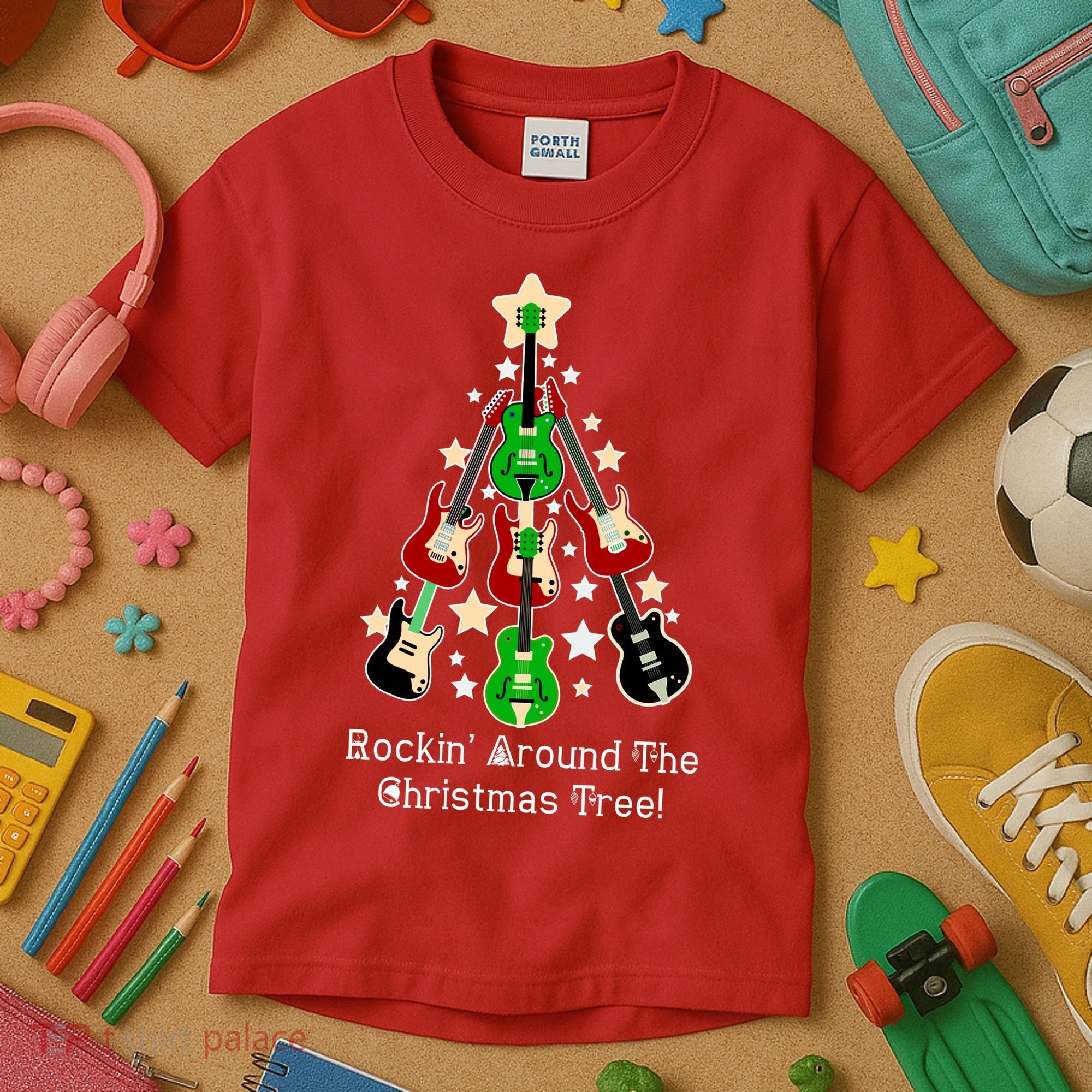 Rockin' Around the Christmas Tree Funny Guitar Kids T-Shirt
